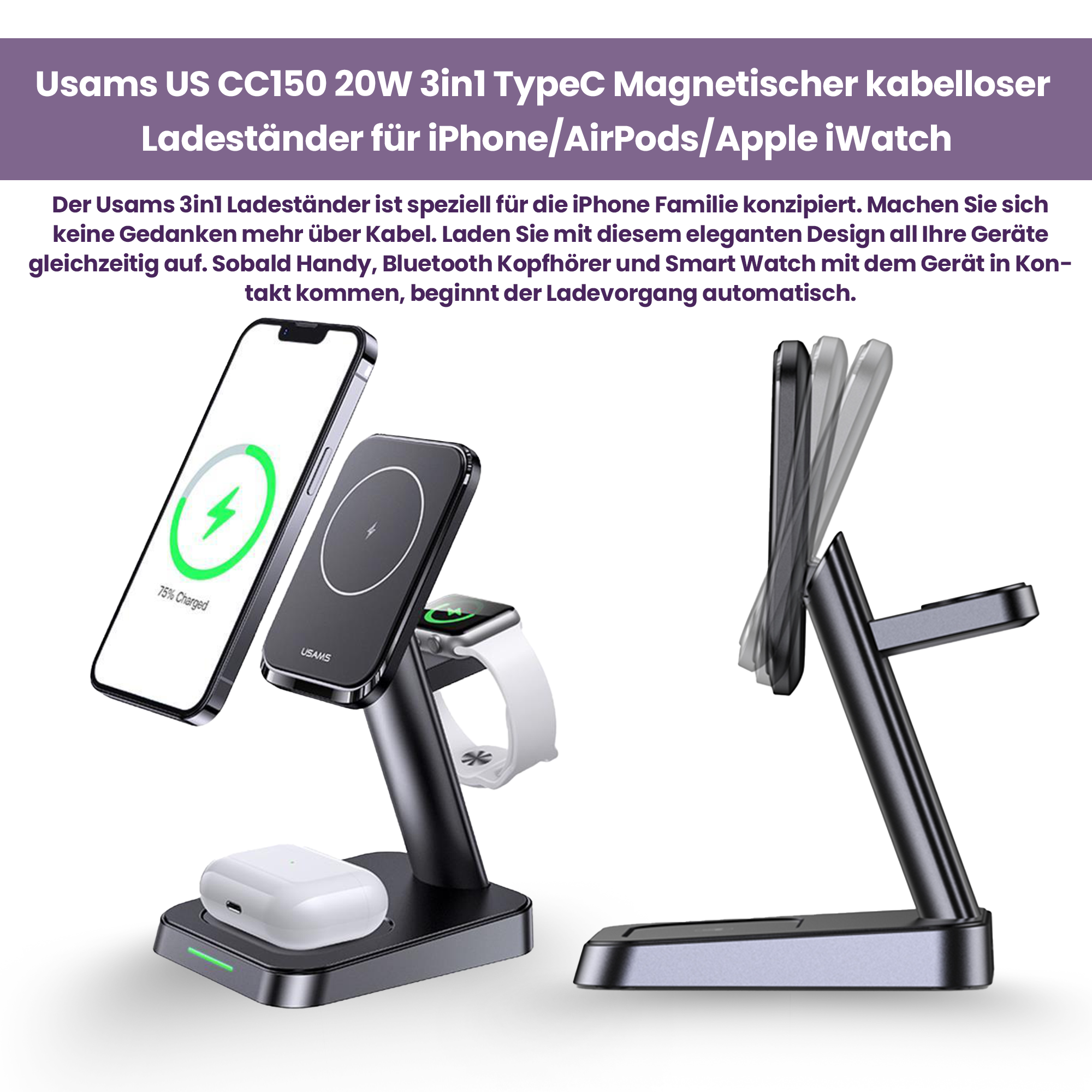 NPO US-CC150 20W 3in1 TypeC Magnetischer kabelloser Ladeständer für iPhone/AirPods/Apple iWatch