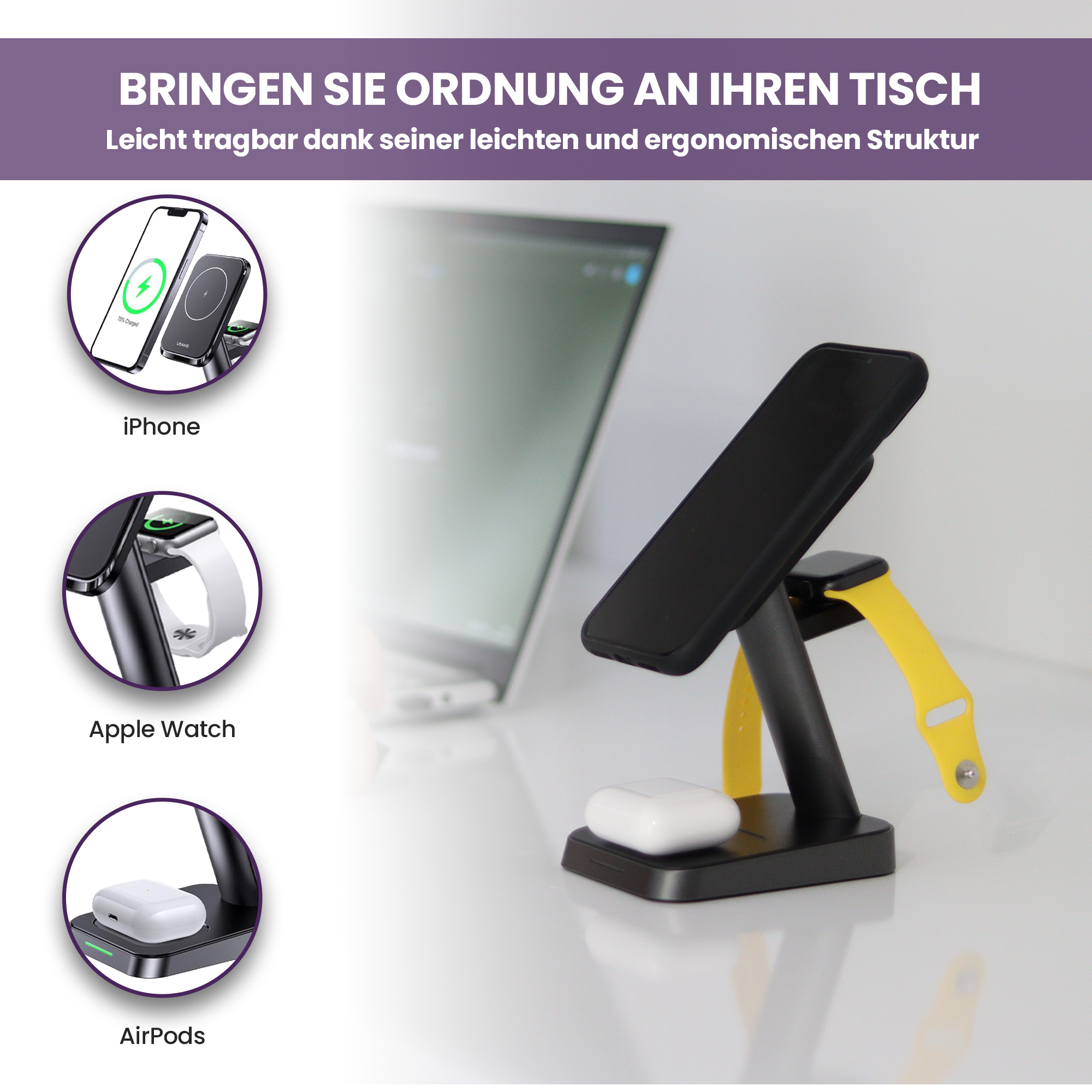 NPO US-CC150 20W 3in1 TypeC Magnetischer kabelloser Ladeständer für iPhone/AirPods/Apple iWatch