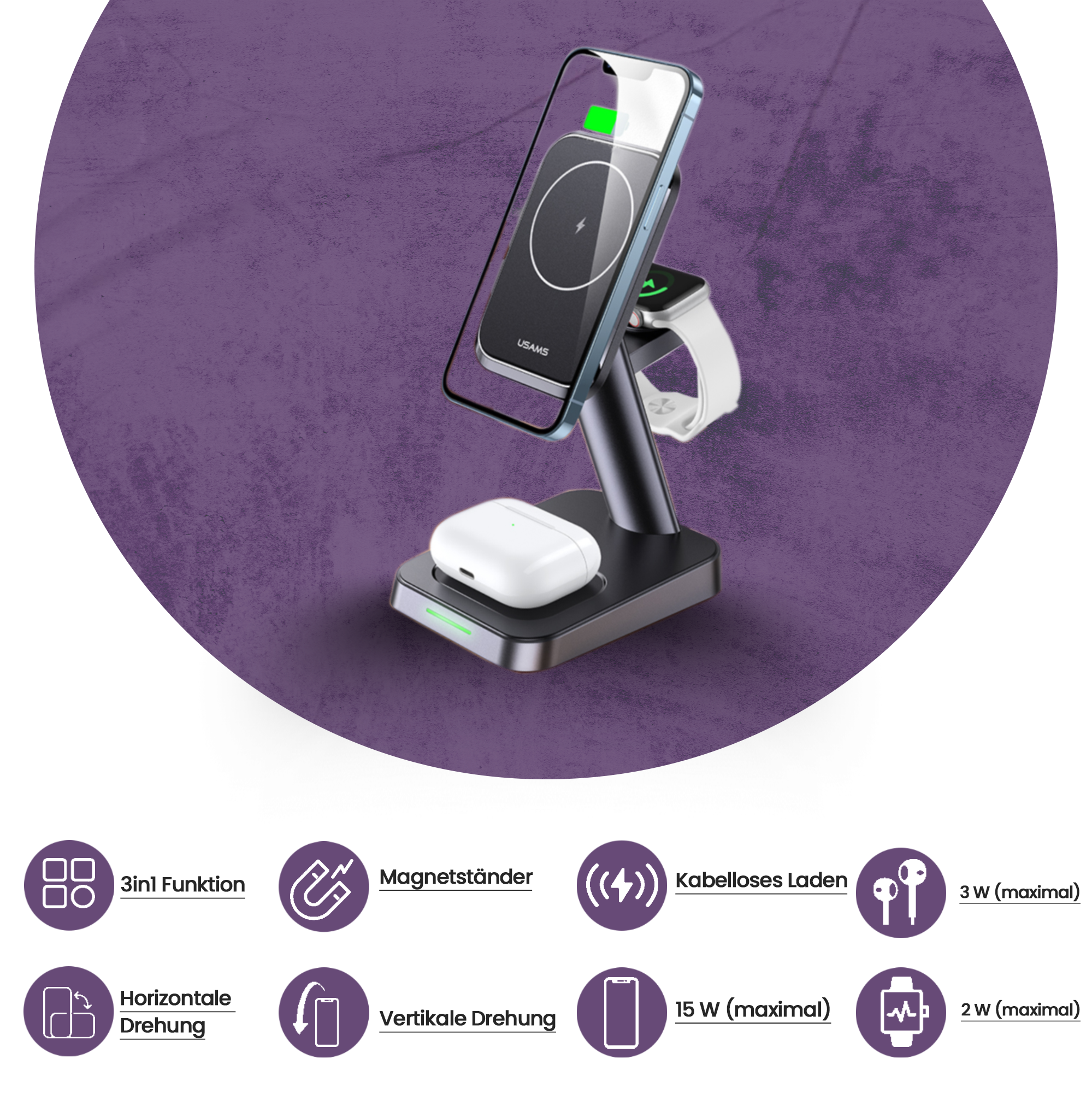 NPO US-CC150 20W 3in1 TypeC Magnetischer kabelloser Ladeständer für iPhone/AirPods/Apple iWatch