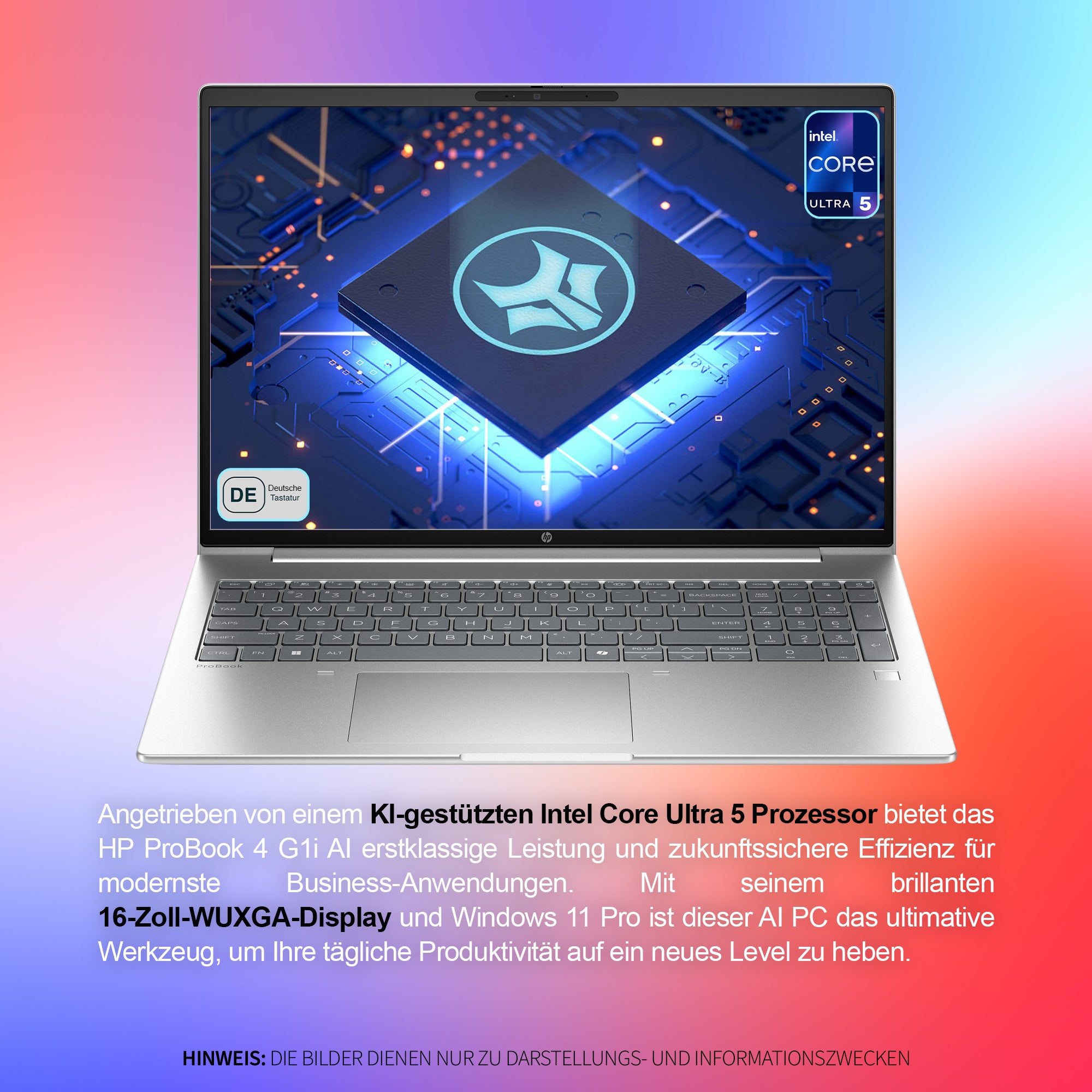 HP ProBook 4 G1i AI Business Laptop, Intel Core Ultra 5 225U, 16" WUXGA IPS (1920x1200), Fingerprint, Deutsches Tastatur Layout, Windows 11 Pro, Silber