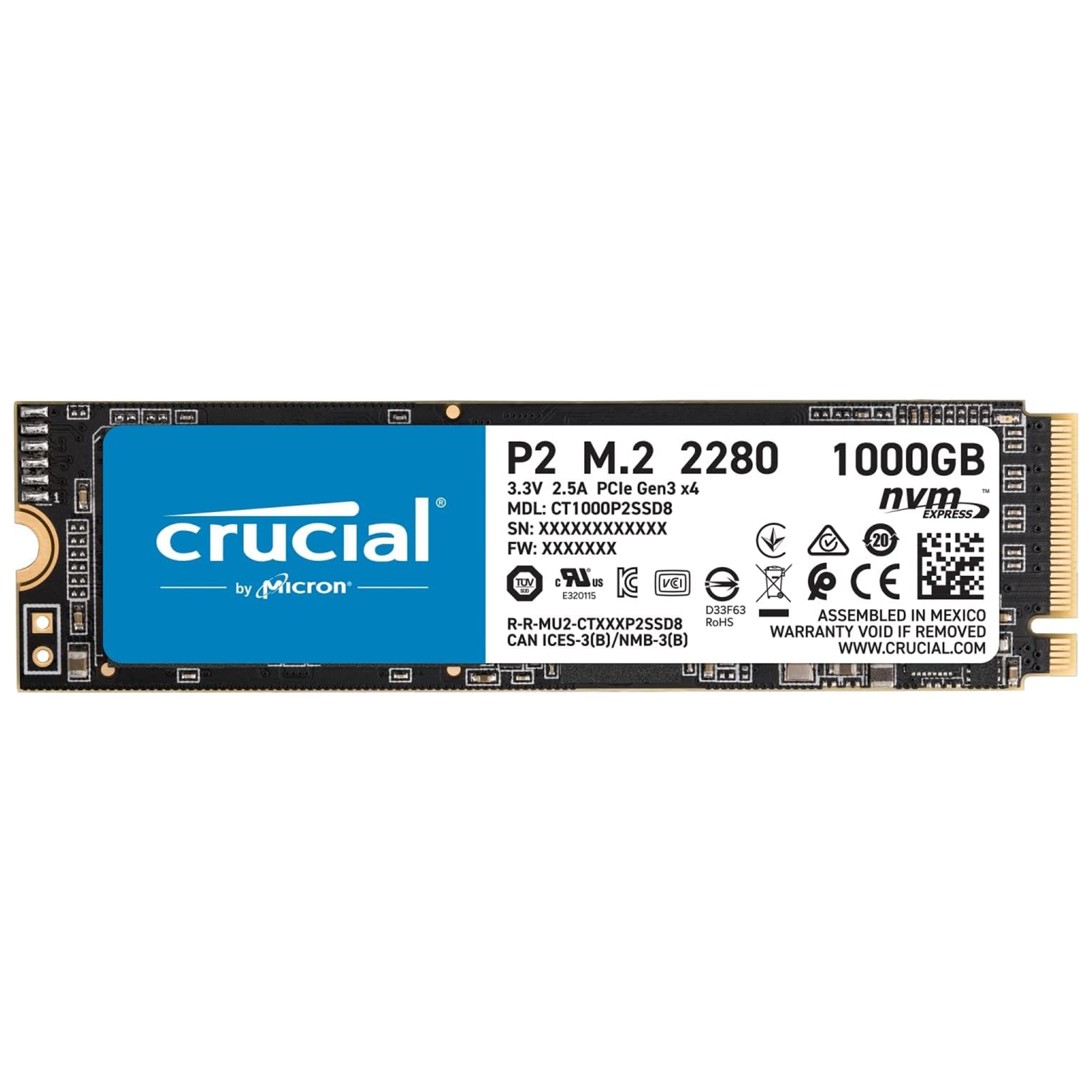 Crucial P2 1TB M.2 PCIe Gen3 NVMe Internes SSD - Bis zu 2400MB/s - CT1000P2SSD8
