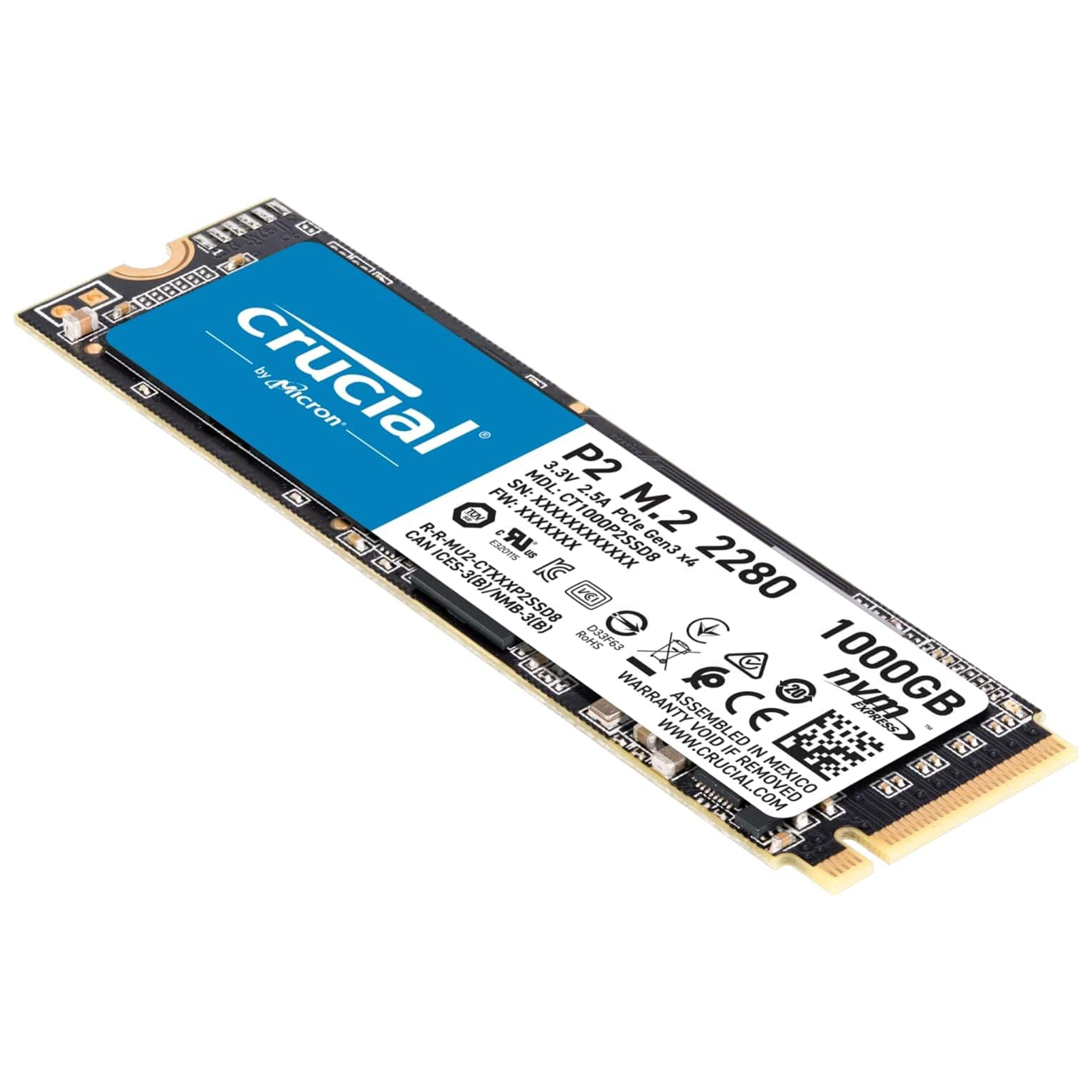Crucial P2 1TB M.2 PCIe Gen3 NVMe Internes SSD - Bis zu 2400MB/s - CT1000P2SSD8