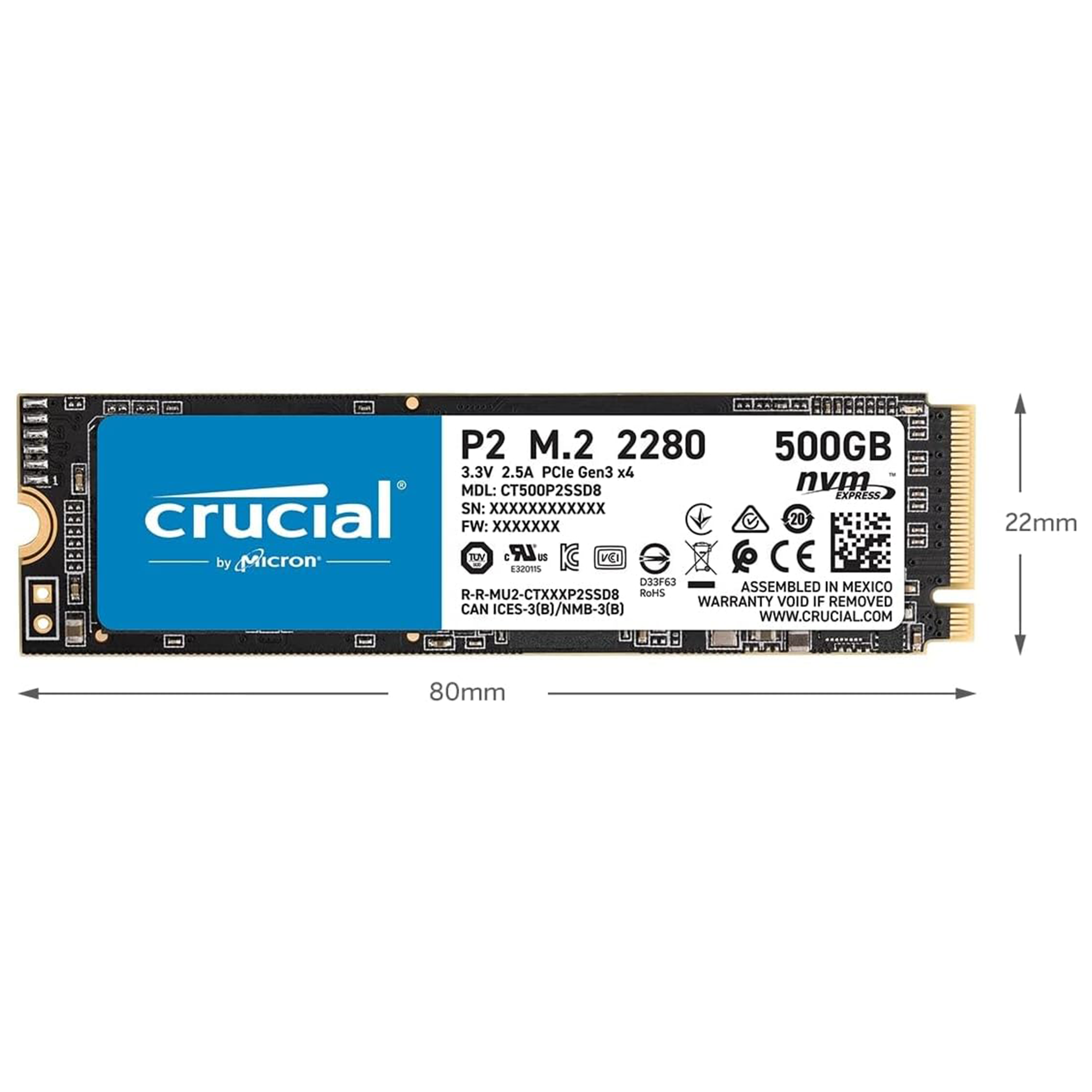 Crucial P2 1TB M.2 PCIe Gen3 NVMe Internes SSD - Bis zu 2400MB/s - CT1000P2SSD8