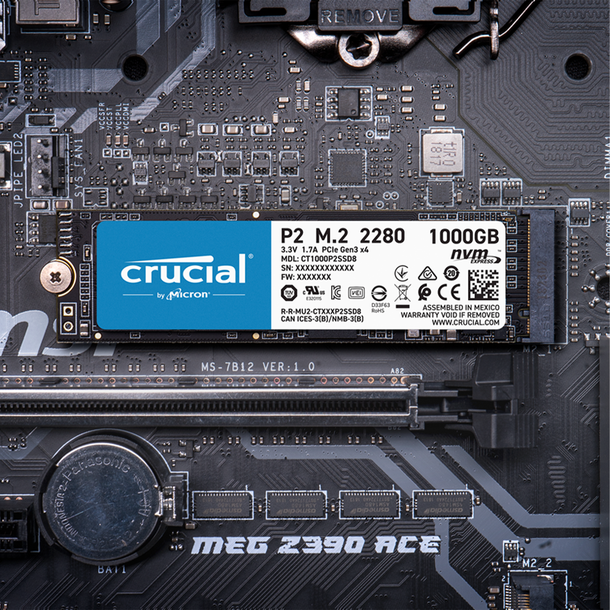 Crucial P2 1TB M.2 PCIe Gen3 NVMe Internes SSD - Bis zu 2400MB/s - CT1000P2SSD8