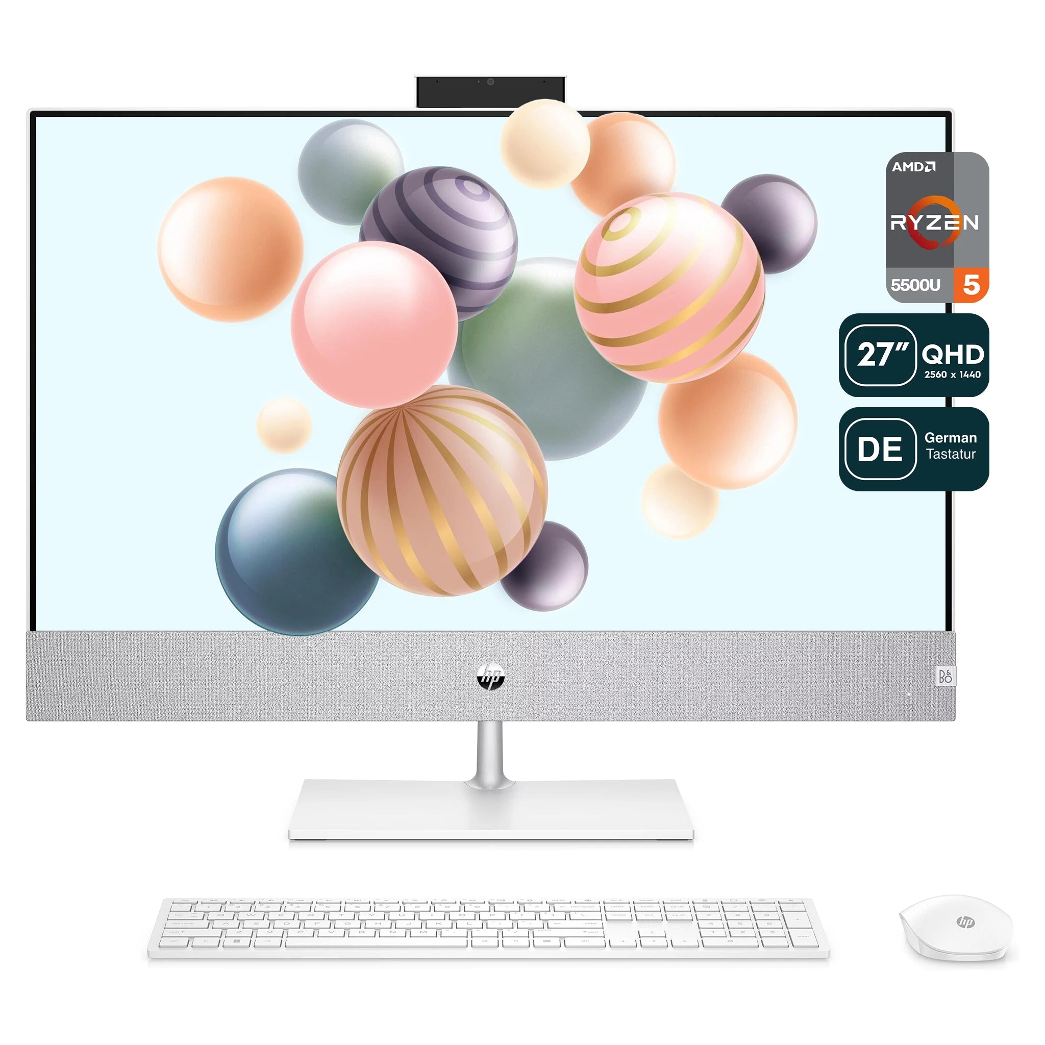 HP Pavilion All-in-One Desktop PC, Ryzen 5 5500U, 27" QHD, QWERTZ Tastatur + Maus, W11Home