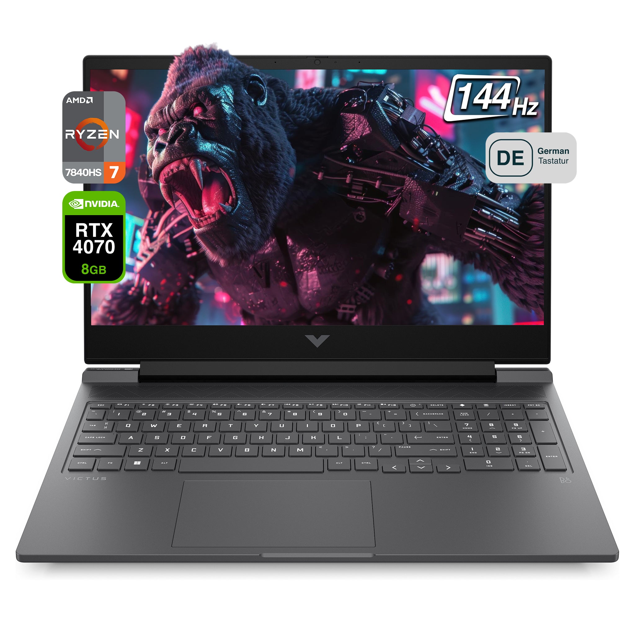 HP Victus Gaming Laptop, Ryzen 7 7840HS, 16.1" FHD, RTX4070, QWERTZ, W11Pro, Mica Silber