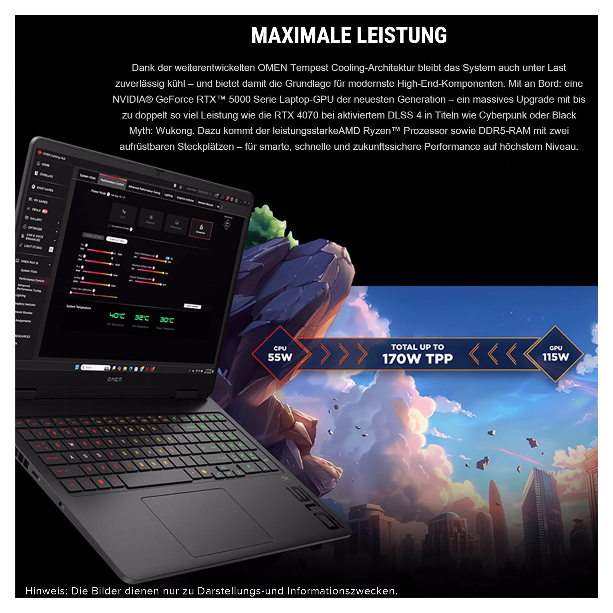 HP OMEN 16 Gaming Laptop, Ryzen 9-8940HX, 16" (1920x1200) IPS 144Hz, RTX5060, 4-zone RGB QWERTZ Tastatur, W11 Pro