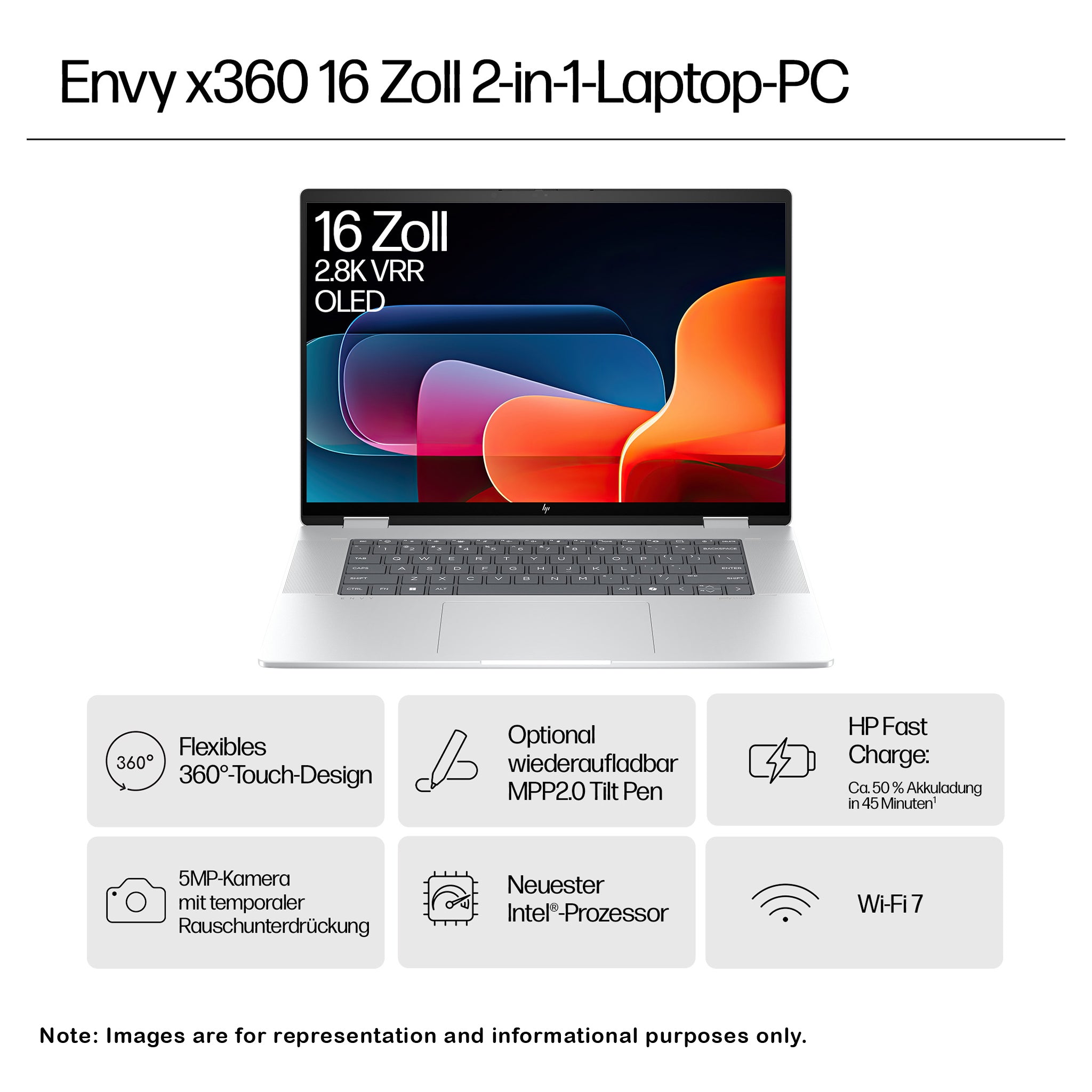 HP ENVY x360 2-in-1 Laptop, Core Ultra 7 155U, 16" 2K Touchscreen (1920×1200), Wi-Fi 7, Deutsches Tastatur-Layout, Windows 11 Home