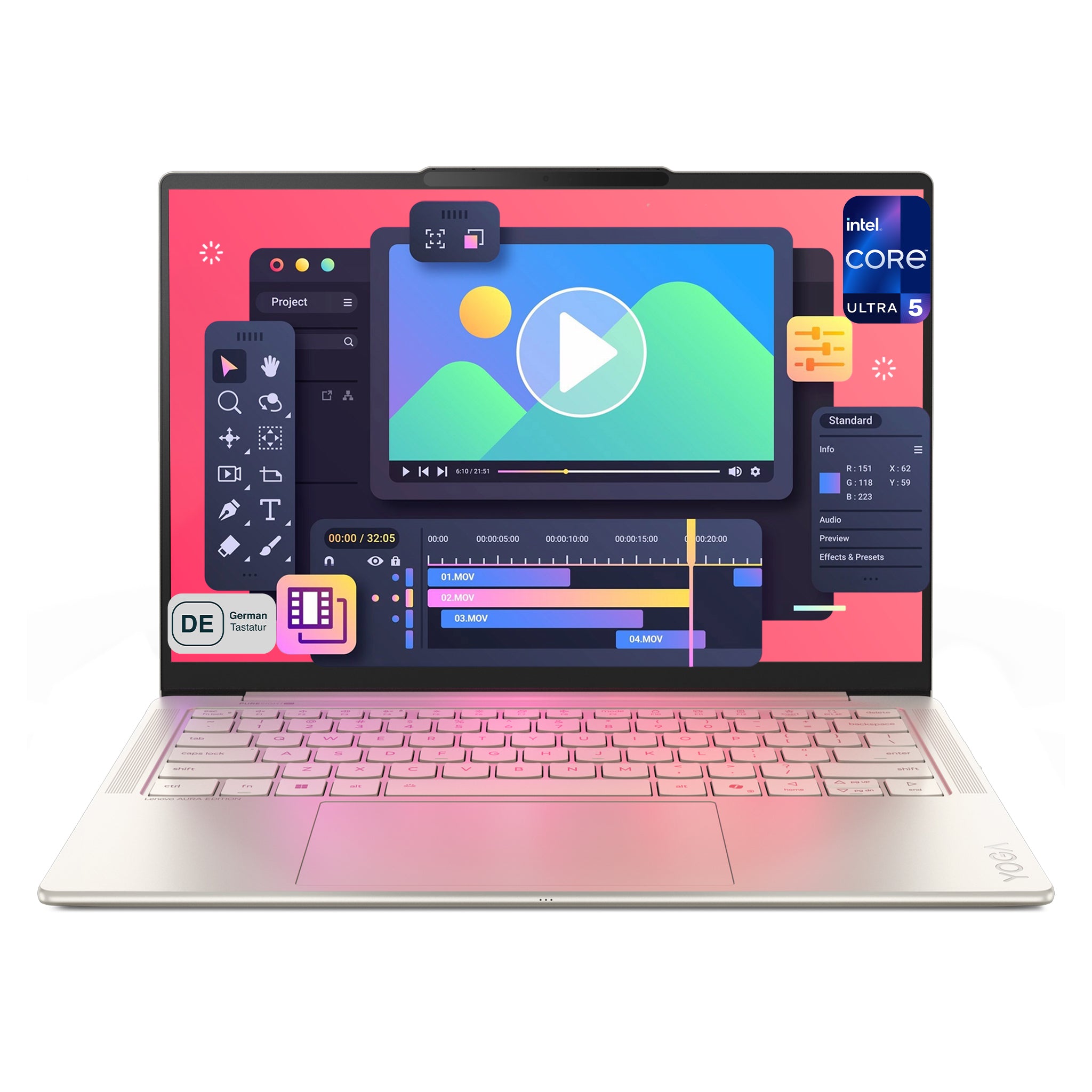 Lenovo Yoga Slim 7i Aura Edition Laptop, Core Ultra 5 226V, 14" WUXGA (1920x1200) OLED Display, Integrated Intel Arc Graphics 130V, Deutsches Tastatur-Layout, W11 Home, Seashell