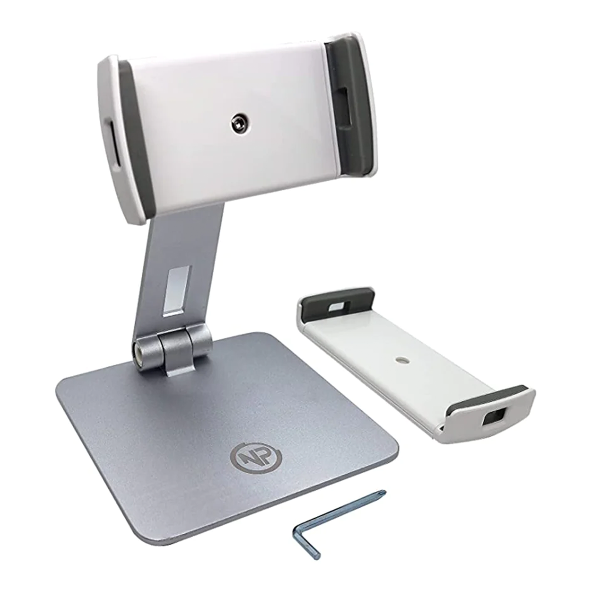 NPO STD20116S 360° verstellbarer Tablet- und Handyständer, faltbarer Metall-Tablet-Halter für iPad, Samsung Tab, Kindle, Nintendo Switch (4,7-12,9 Zoll) (Silber)