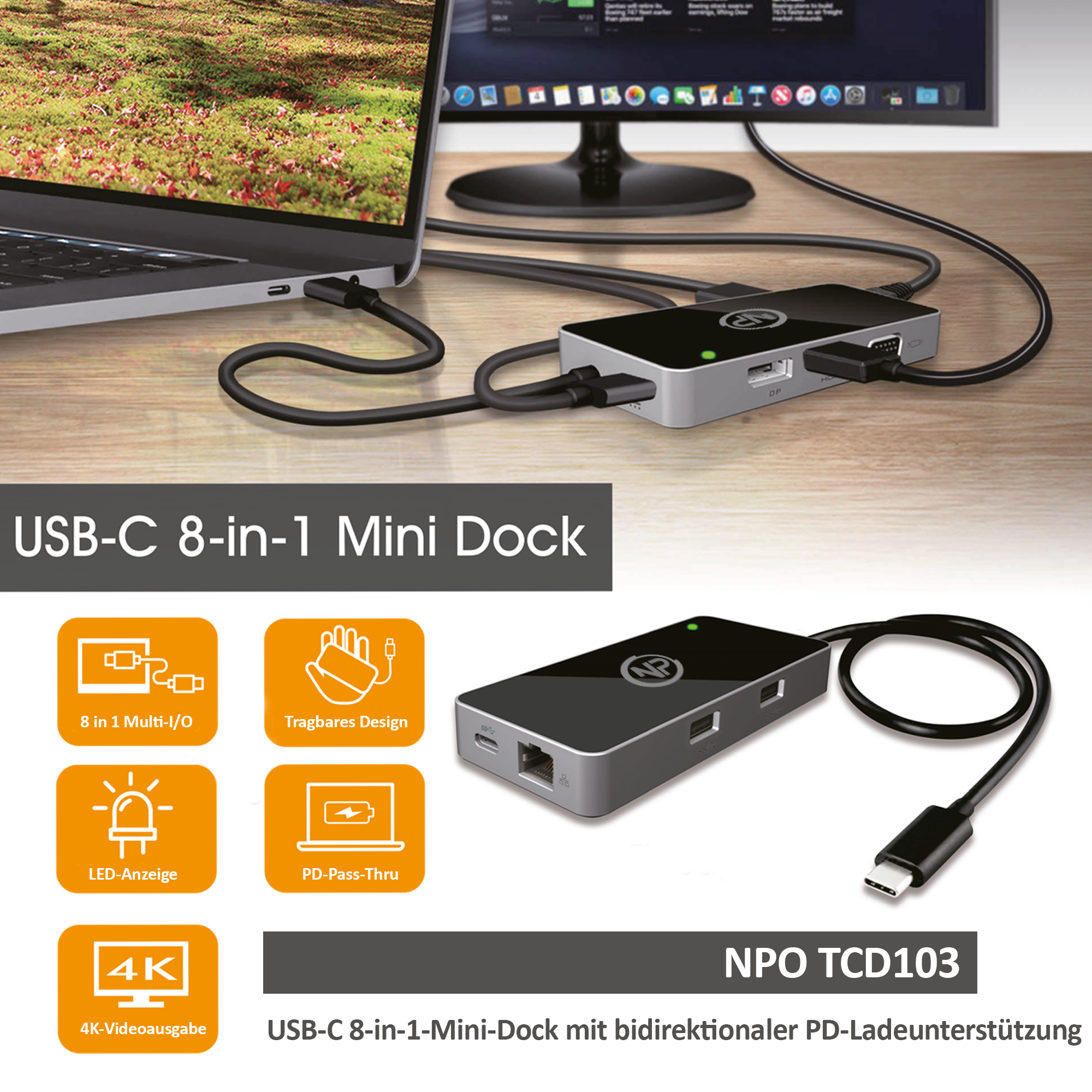 NPO Typ-C Universal-Dockingstation Kompatibel mit Thunderbolt 3-Port und benutzerdefinierten USB-C-Systemen + Unterstützt das Aufladen von Laptops