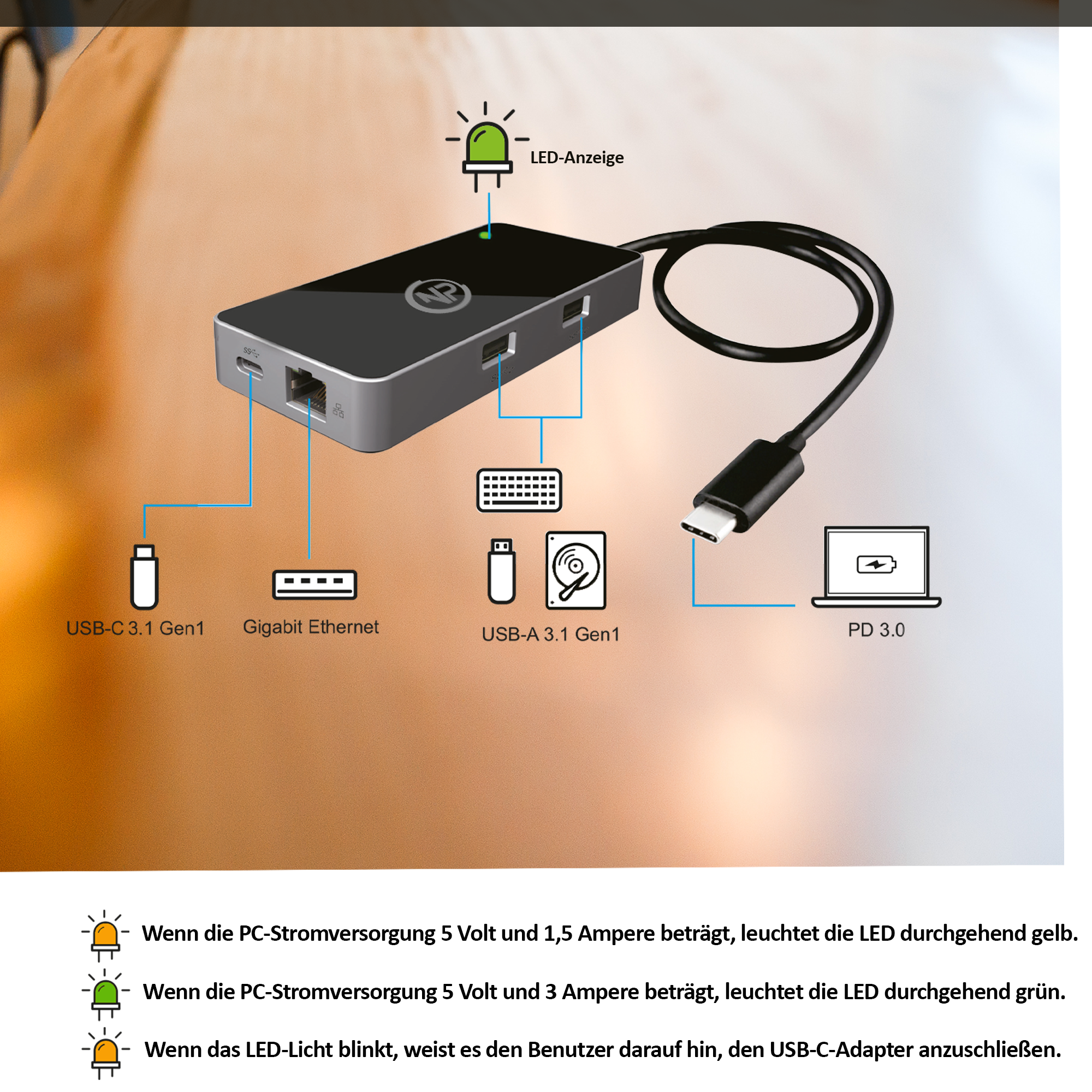NPO Typ-C Universal-Dockingstation Kompatibel mit Thunderbolt 3-Port und benutzerdefinierten USB-C-Systemen + Unterstützt das Aufladen von Laptops