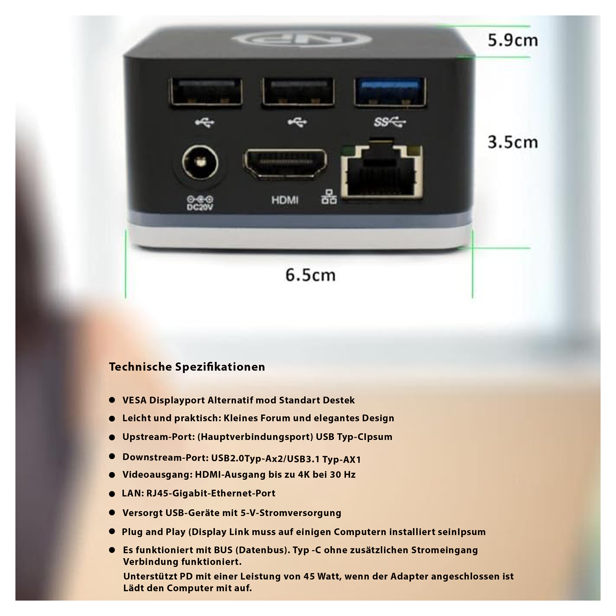 NPO USB C Cube - Mini Docking Station, Compatible with Thunderbolt 3 Ports and Specific USB-C Systems (Connect 1x HDMI up to 4K @ 30Hz Monitor, Ethernet, 3x USB Ports)