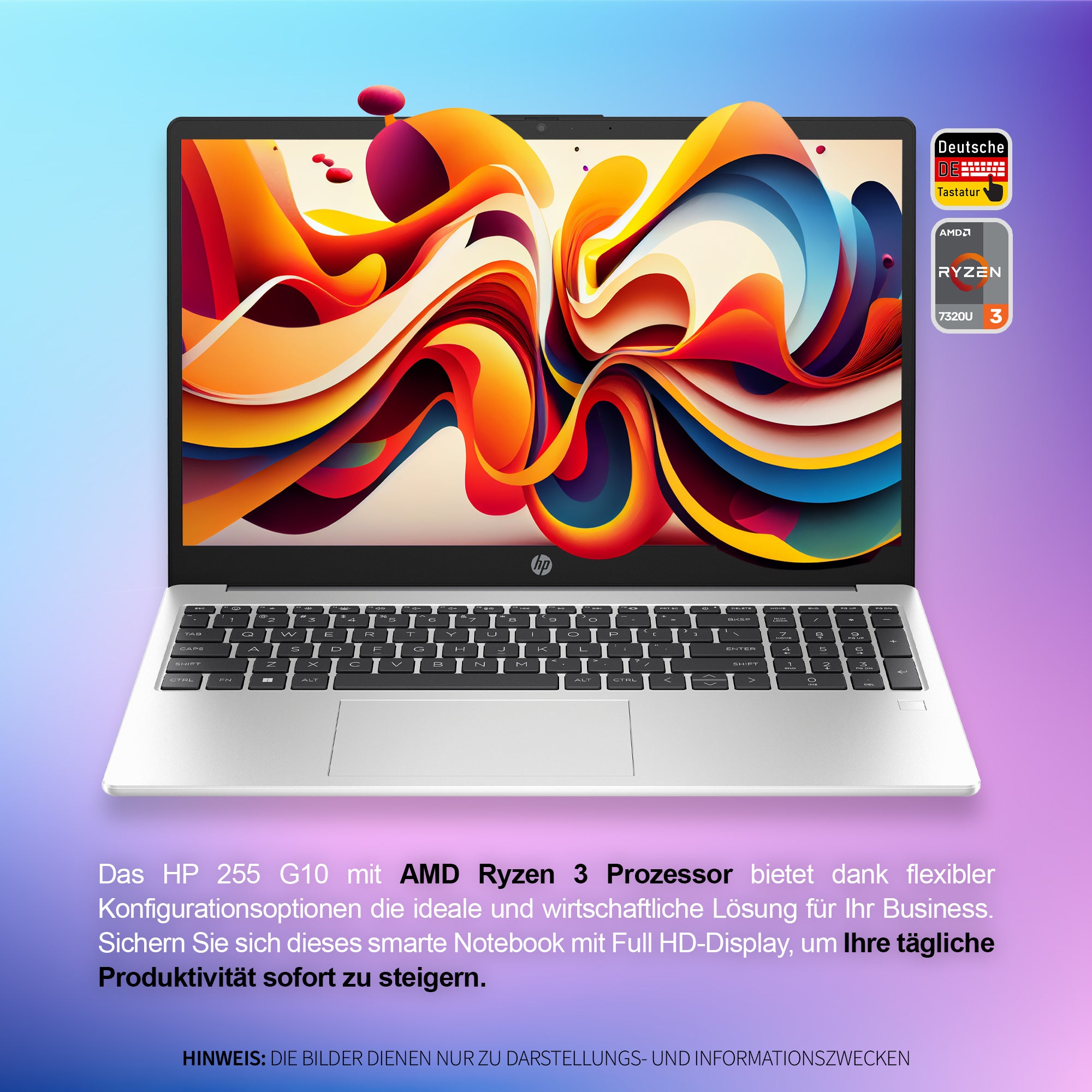 HP 255 G10 Business Laptop, AMD Ryzen™ 3 7320U, 15.6" Full HD (1920x1080), AMD Radeon 610M, Wi-Fi 6, Deutsches Tastatur Layout, Windows 11 Home, Silber