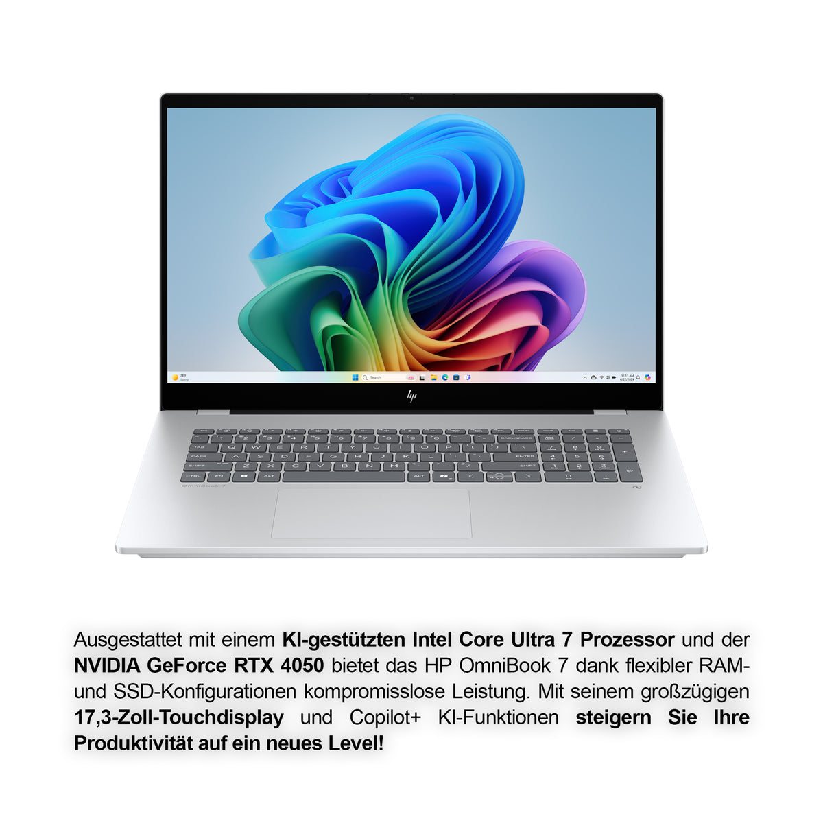 HP OmniBook 7 Next Gen AI 17, Intel Core Ultra 7 258V, 17,3″ FHD IPS Touchscreen (1920×1080), NVIDIA RTX 4050 6 GB, DE Tastatur, Windows 11 Home, Silber