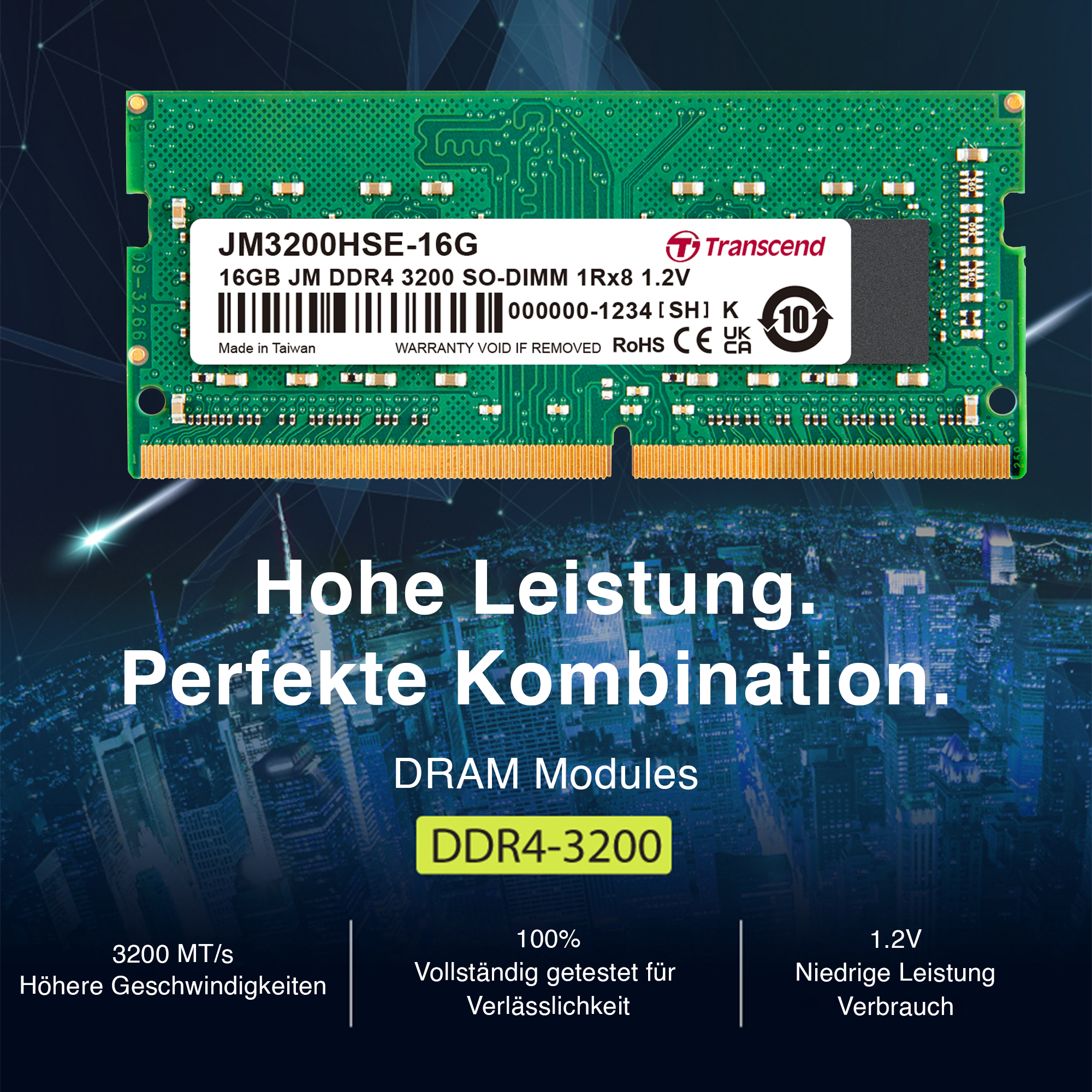 Transcend JM3200HSE-16G Speicher 16GB DDR4 3200MHz Speichermodul (16GB, DDR4, 3200MHz, SO-DIMM)