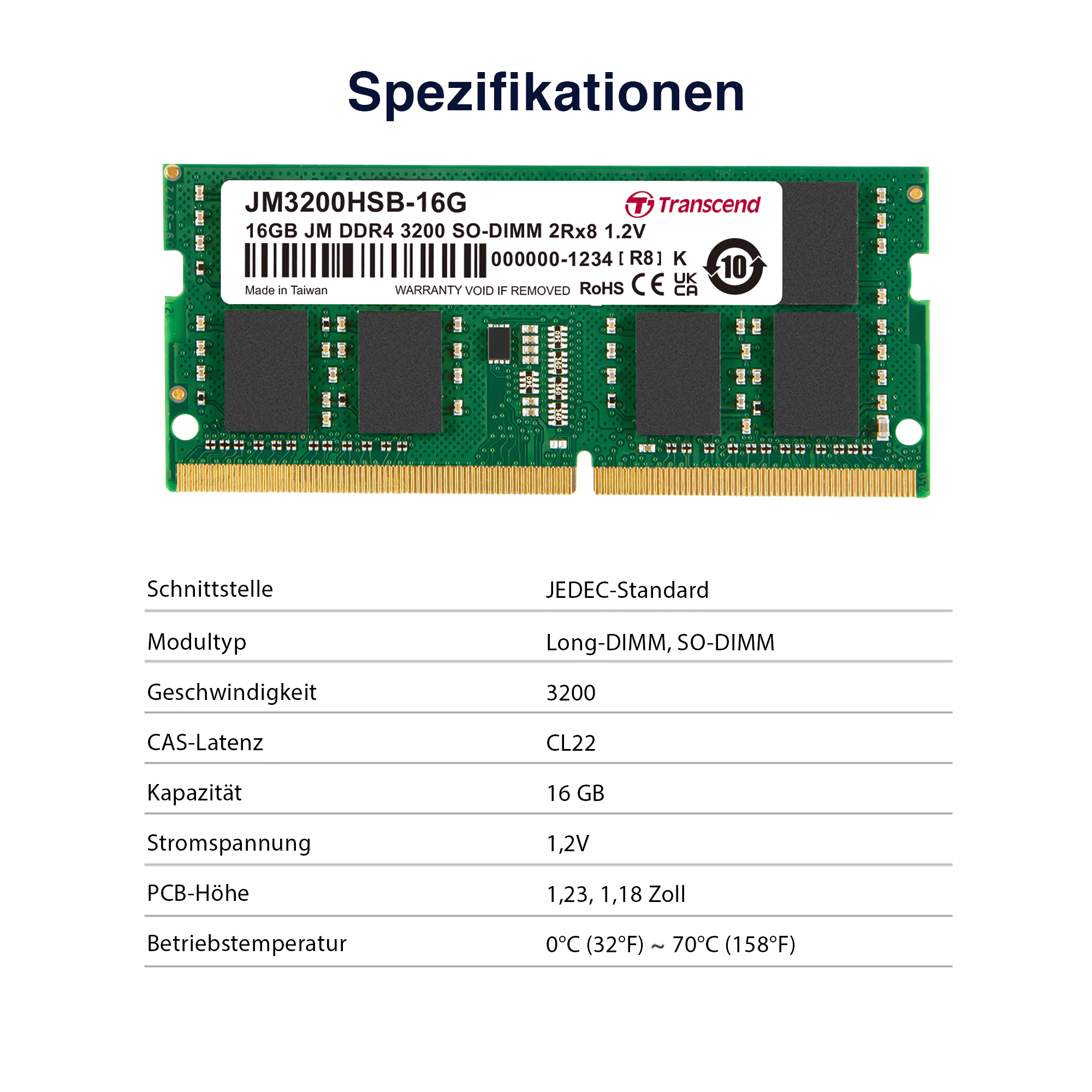 Transcend JM3200HSE-16G Speicher 16GB DDR4 3200MHz Speichermodul (16GB, DDR4, 3200MHz, SO-DIMM)