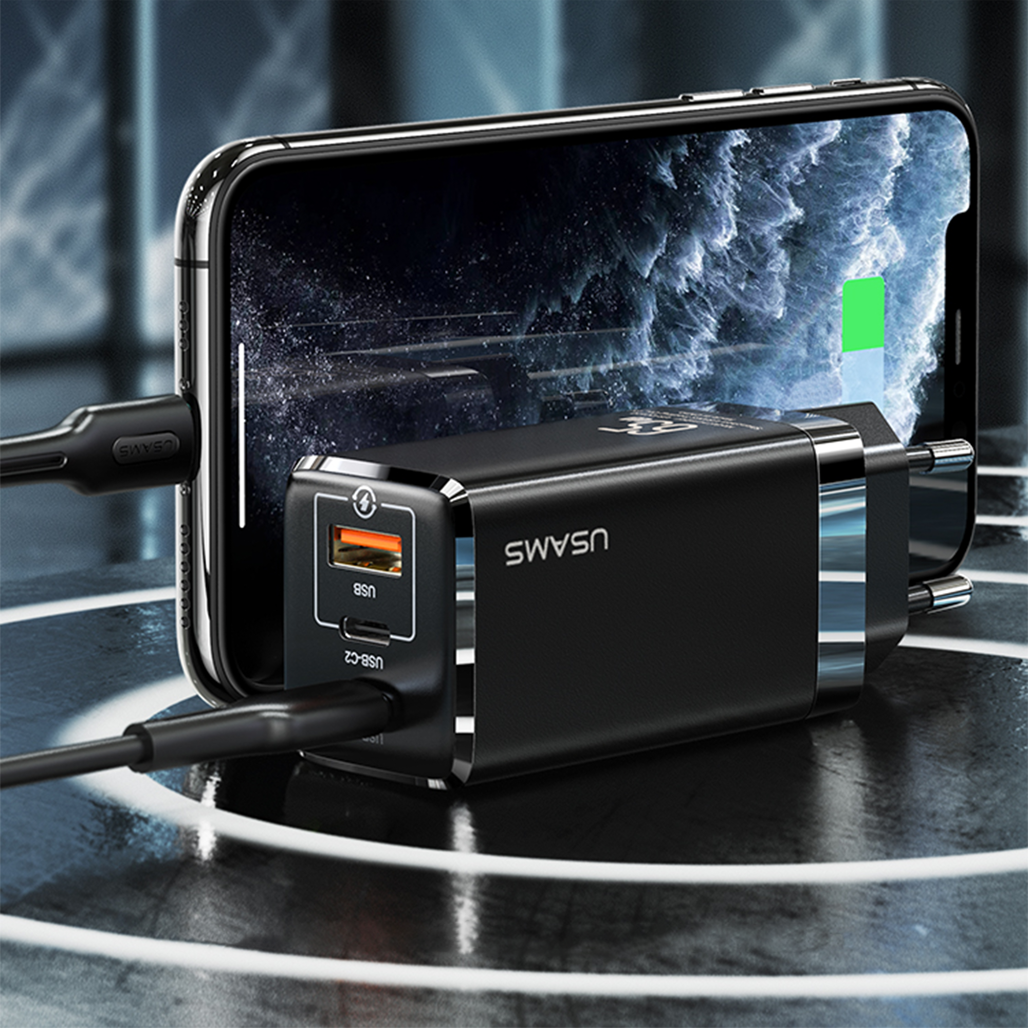 USAMS 65W GaN USB C Charger 3-Port Fast Charger PPS: PD3.0/QC4.0+/SCP/AFC - Compatible with MacBook Pro/Air, Dell XPS 15