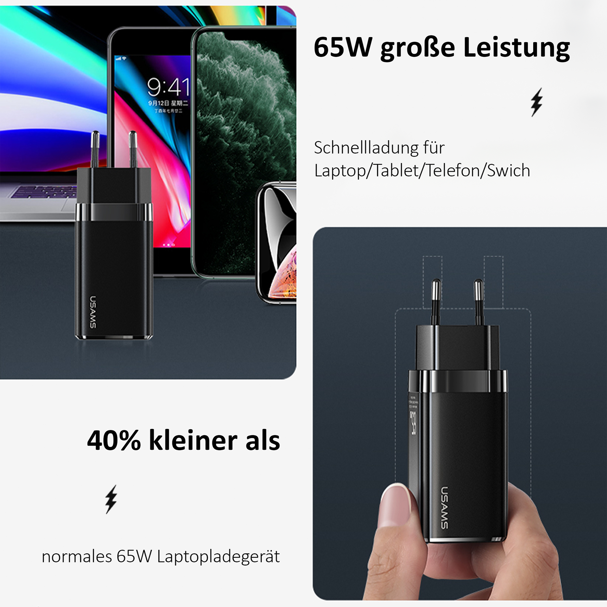 USAMS 65W GaN USB C Charger 3-Port Fast Charger PPS: PD3.0/QC4.0+/SCP/AFC - Compatible with MacBook Pro/Air, Dell XPS 15