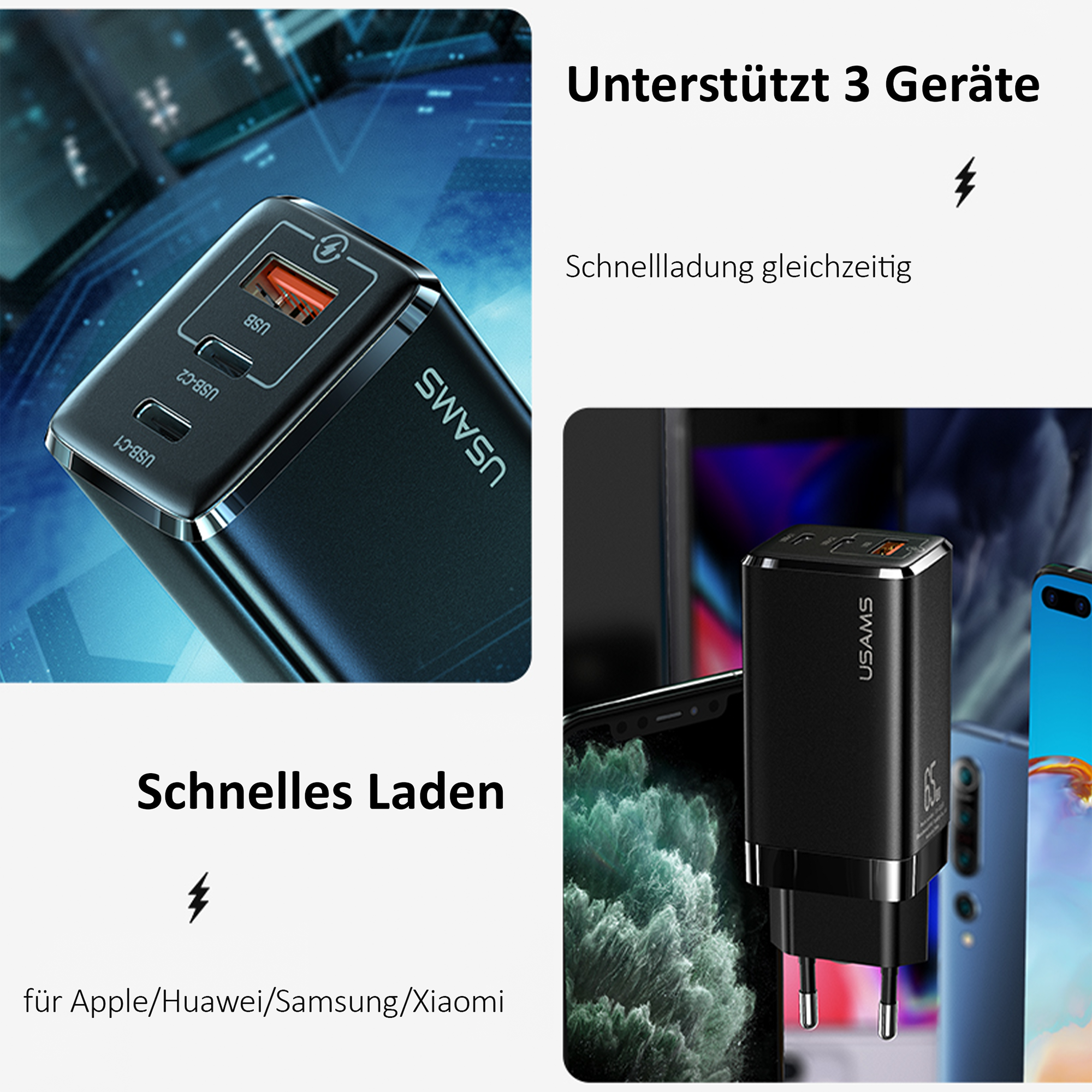 USAMS 65W GaN USB C Charger 3-Port Fast Charger PPS: PD3.0/QC4.0+/SCP/AFC - Compatible with MacBook Pro/Air, Dell XPS 15