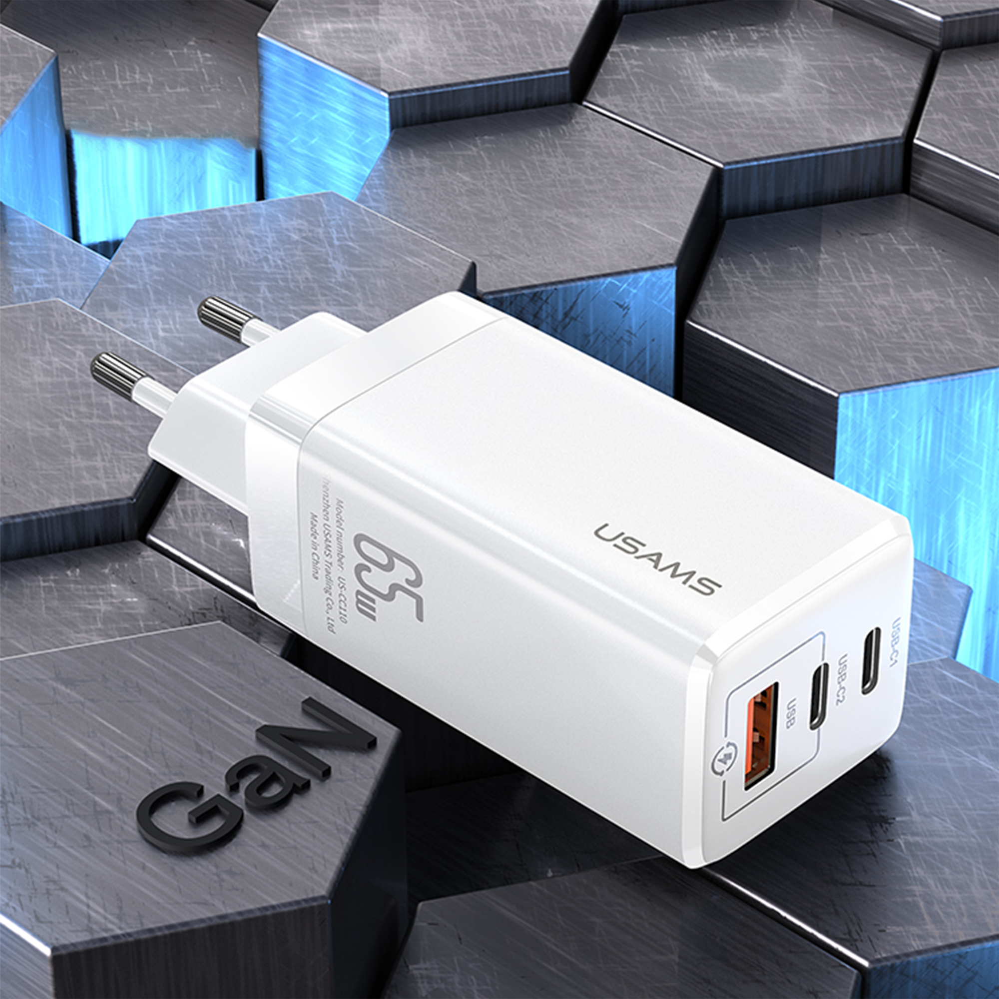 USAMS 65W GaN USB C Charger 3-Port Fast Charger PPS: PD3.0/QC4.0+/SCP/AFC - Compatible with MacBook Pro/Air, Dell XPS 15