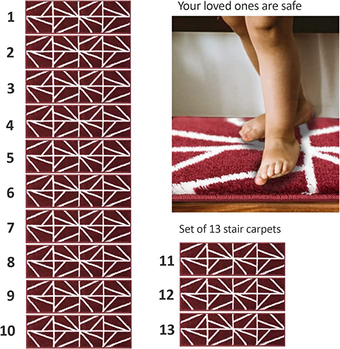 Glary Home GH39A - 13er Set Treppenmatten 22 cm x 71 cm x 1,2 cm Selbstklebender Treppenteppich