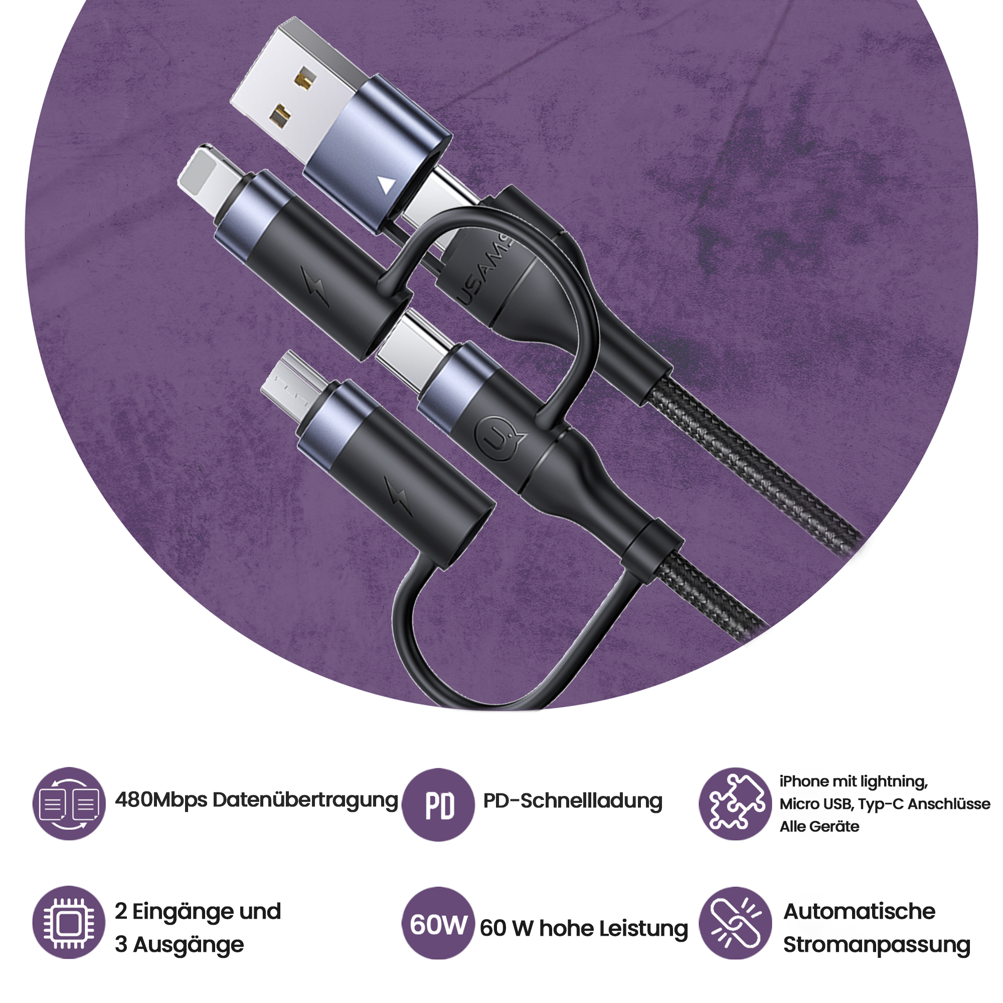 USAMS US-SJ547 USB+TypeC auf TypeC + Blitz + MicroUSB, 1,2 m PD 60 W 6-in-1, Schnelllade- und Datenkabel