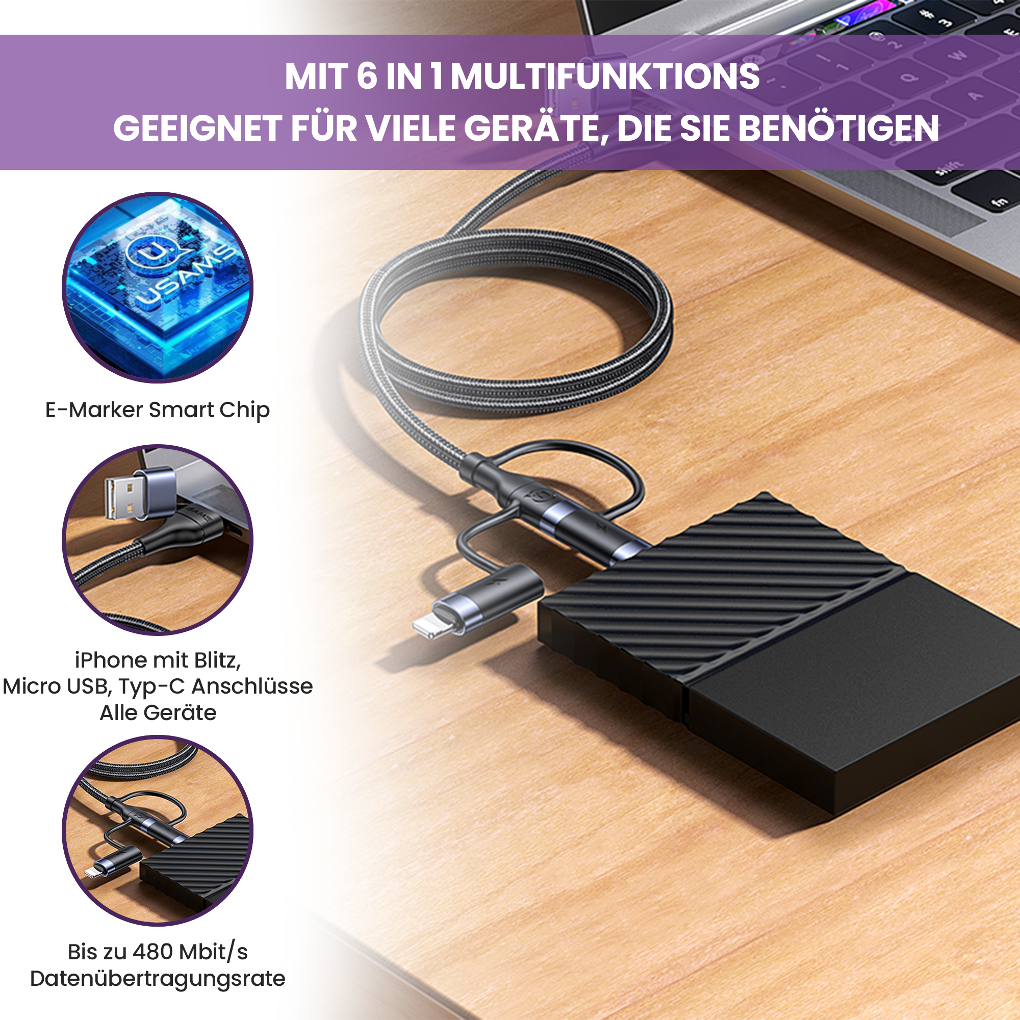 USAMS US-SJ547 USB+TypeC auf TypeC + Blitz + MicroUSB, 1,2 m PD 60 W 6-in-1, Schnelllade- und Datenkabel