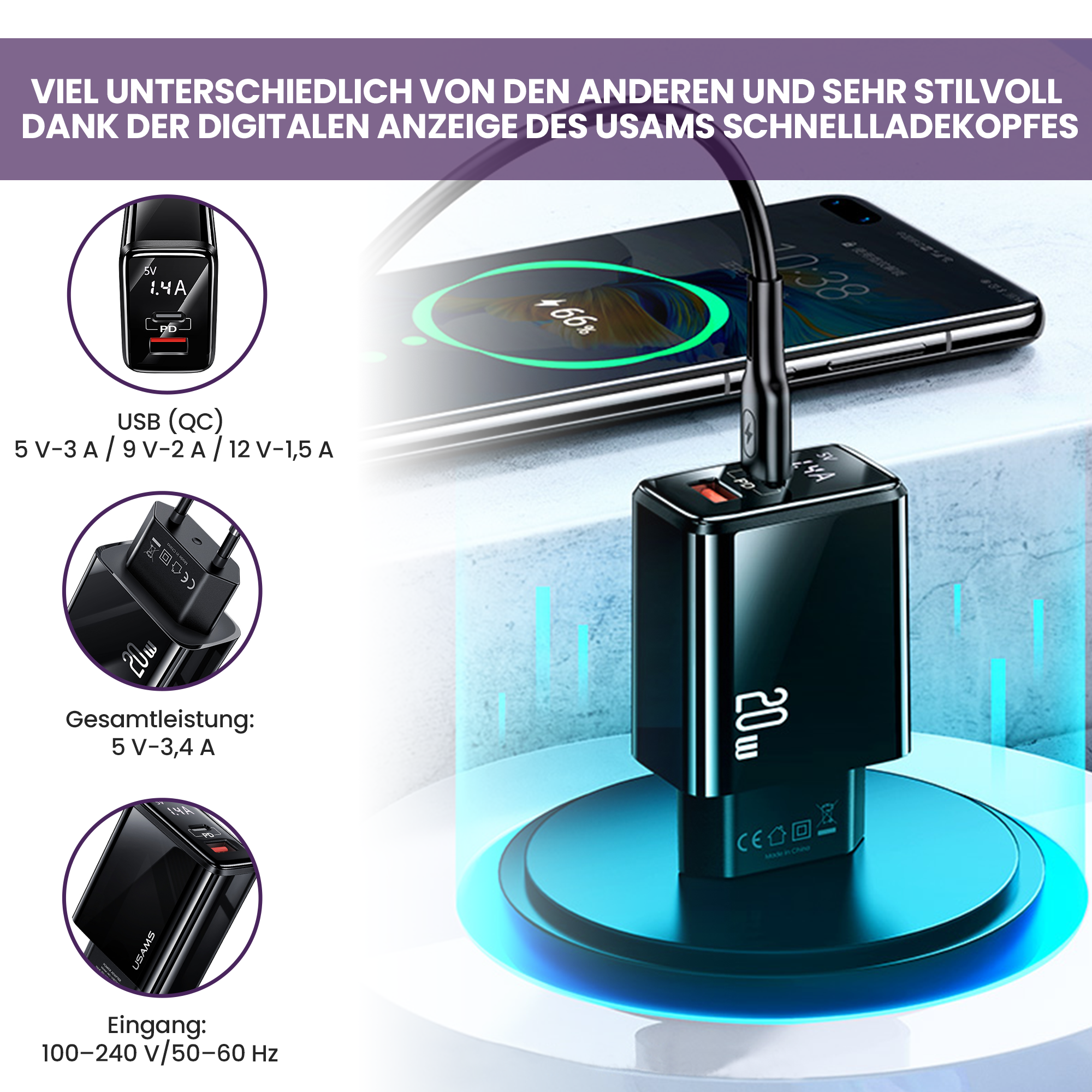 Usams US-CC133 T40 20W QC3.0+PD Typ-C+USB Schnellladekopf mit Digitalanzeige, Adapter,