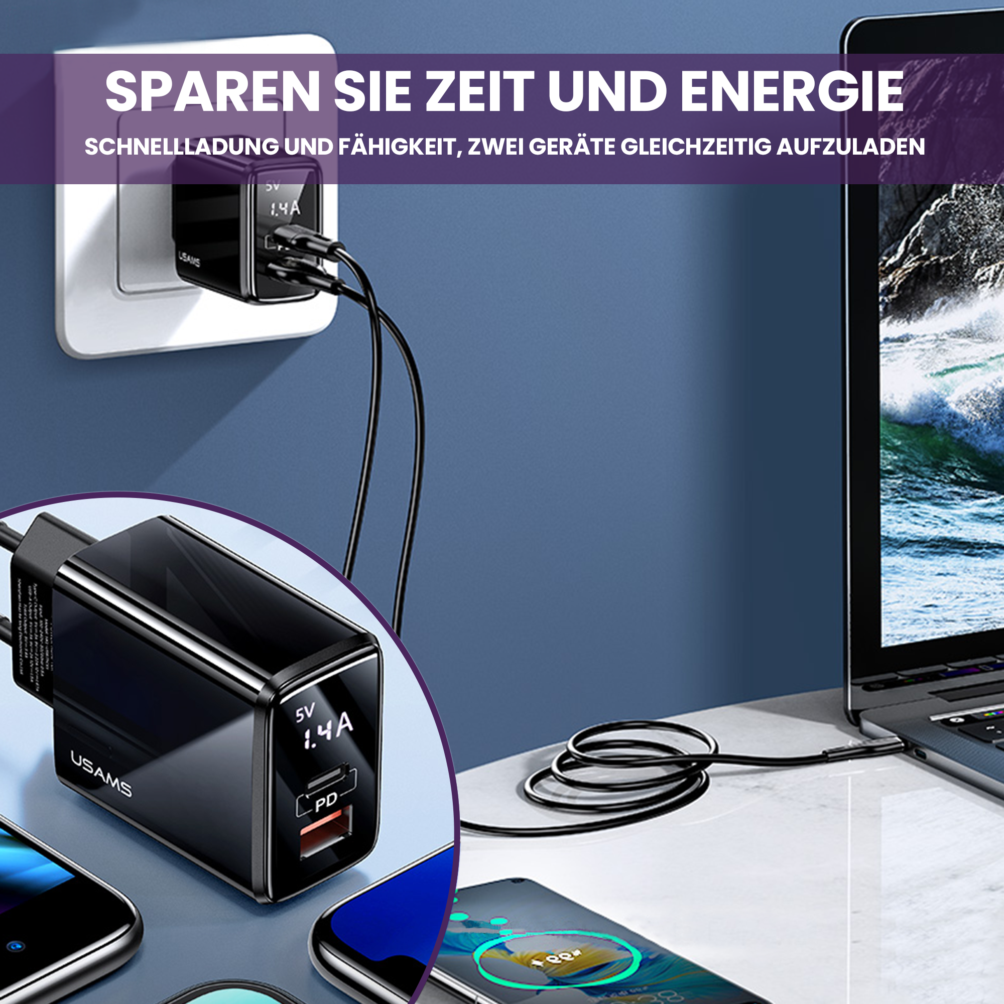Usams US-CC133 T40 20W QC3.0+PD Typ-C+USB Schnellladekopf mit Digitalanzeige, Adapter,