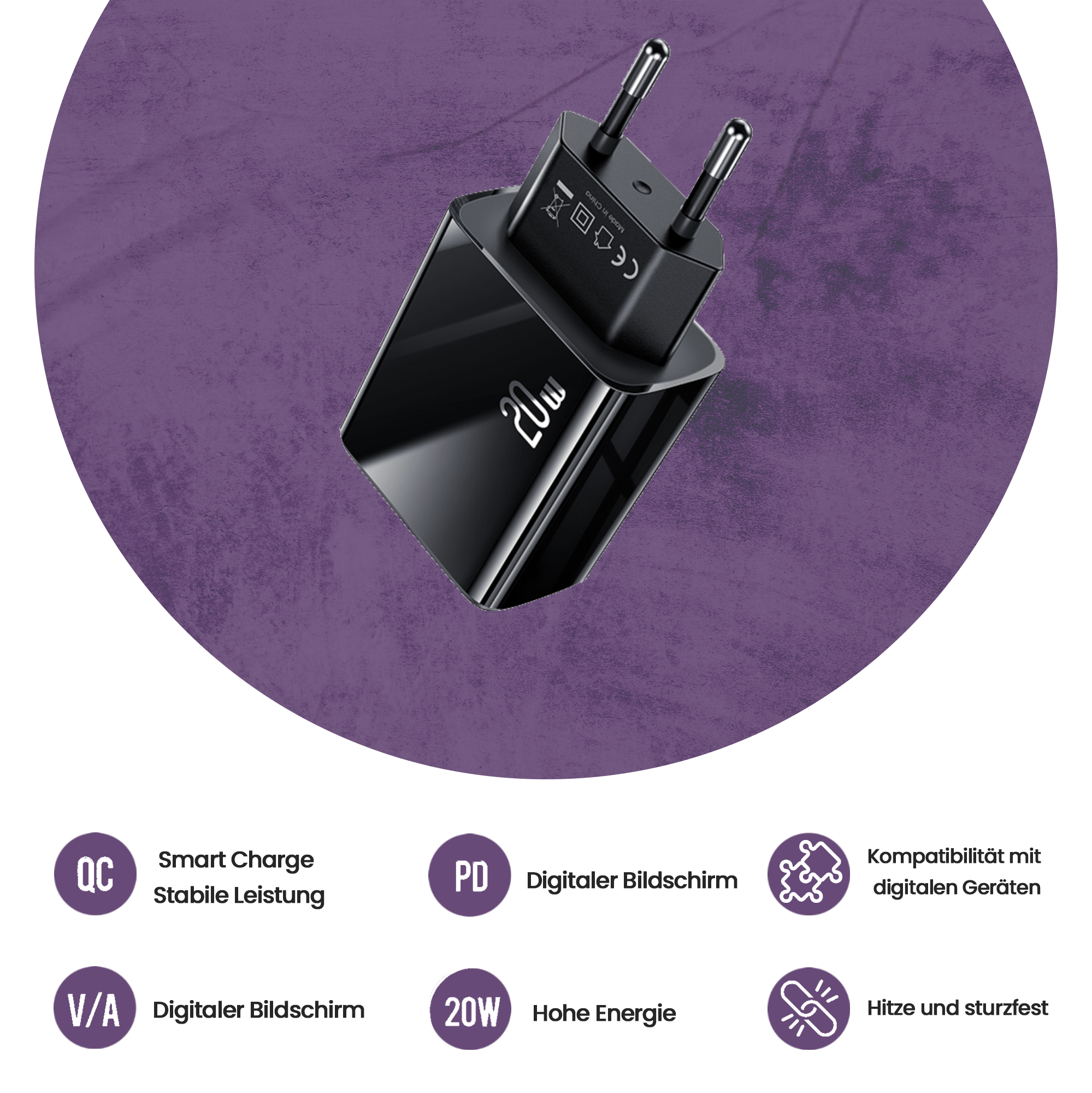 Usams US-CC133 T40 20W QC3.0+PD Typ-C+USB Schnellladekopf mit Digitalanzeige, Adapter,