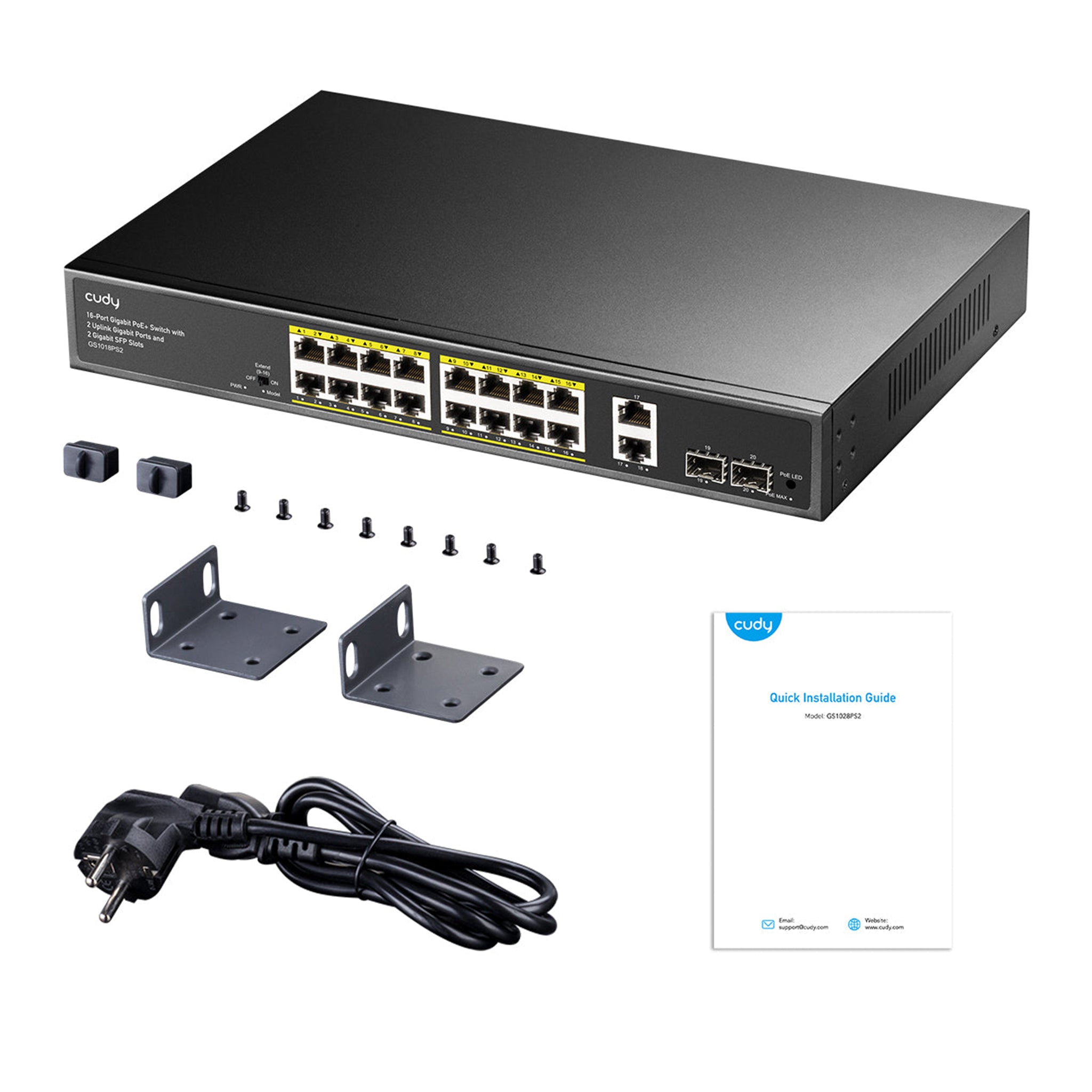 Cudy 16-Port Gigabit PoE+ Switch with 2 Uplink Gigabit Ports and 2 Gigabit SFP Slots 200W, GS1018PS2