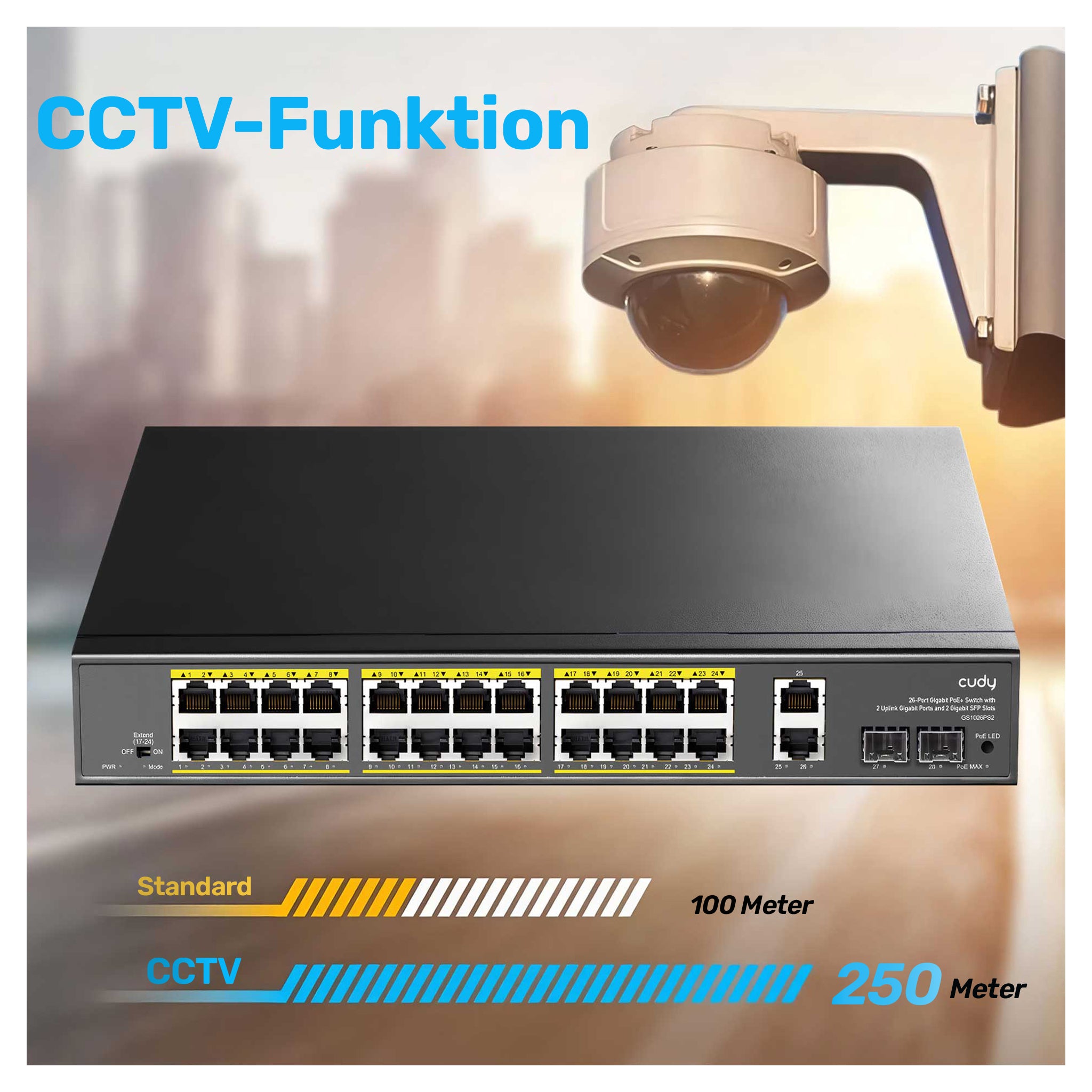 Cudy 24-Port Gigabit PoE+ Switch with 2 Uplink Gigabit Ports and 2 Gigabit SFP Slots 300W, GS1026PS2