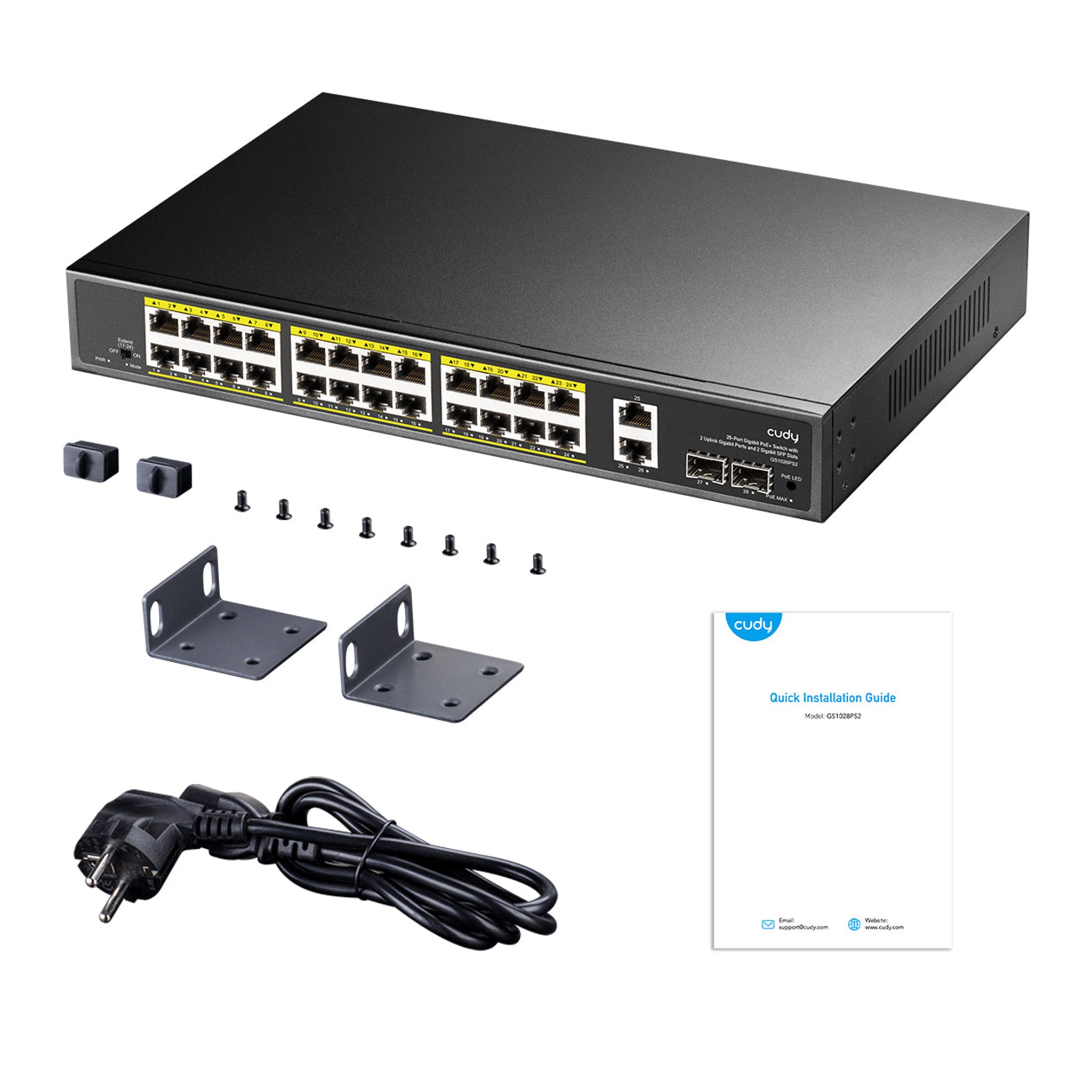 Cudy 24-Port Gigabit PoE+ Switch with 2 Uplink Gigabit Ports and 2 Gigabit SFP Slots 300W, GS1026PS2