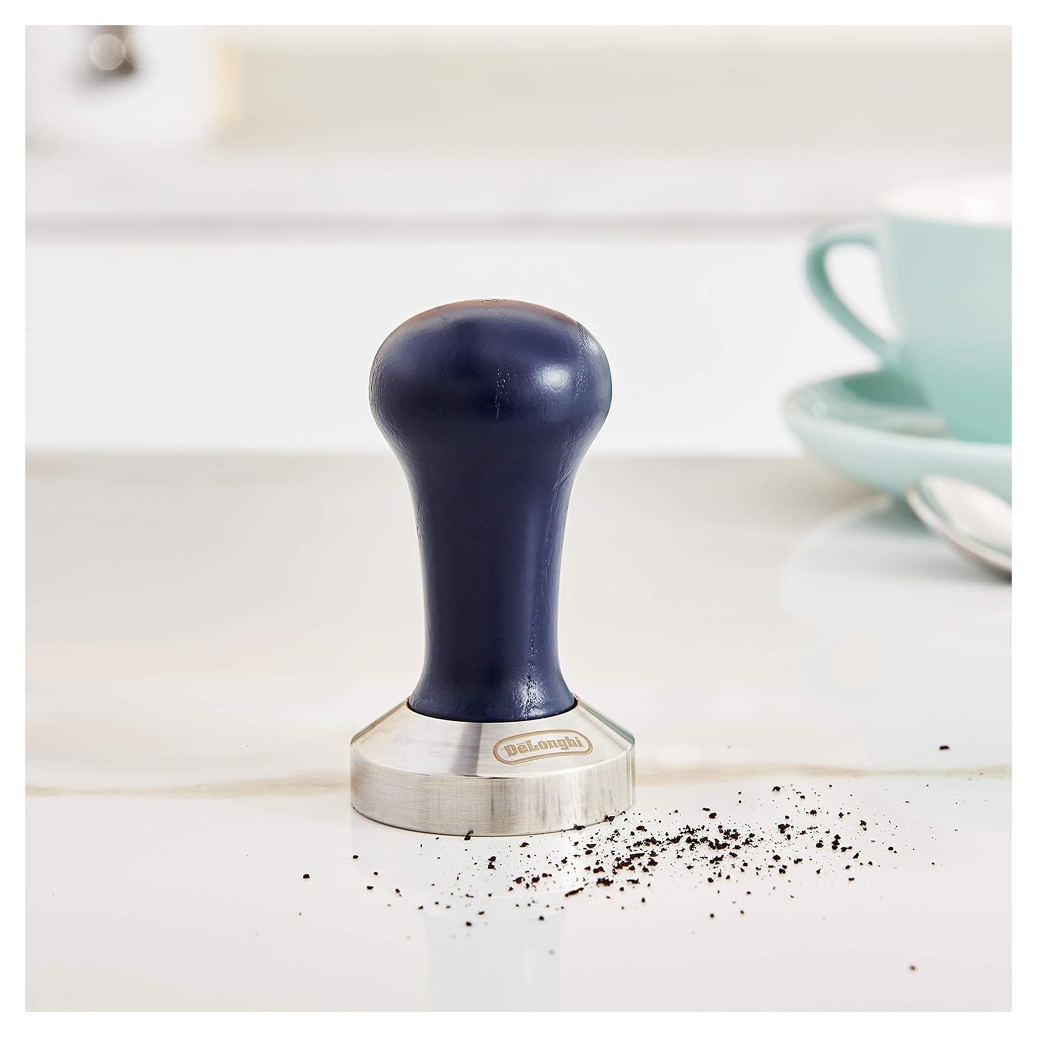De'Longhi DLSC058 Kaffee-Tamper aus Edelstahl mit Holzgriff, blau/silber