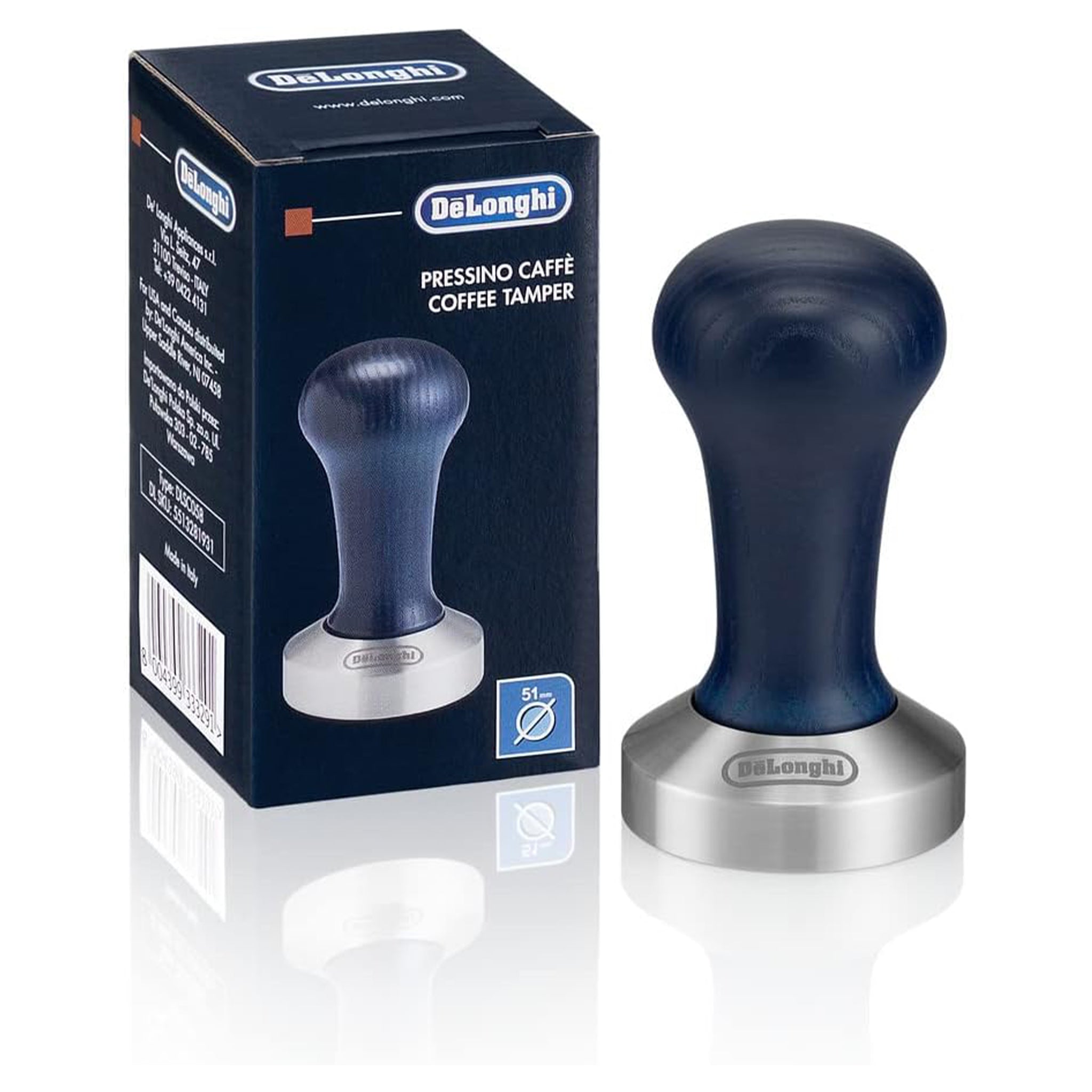 De'Longhi DLSC058 Kaffee-Tamper aus Edelstahl mit Holzgriff, blau/silber