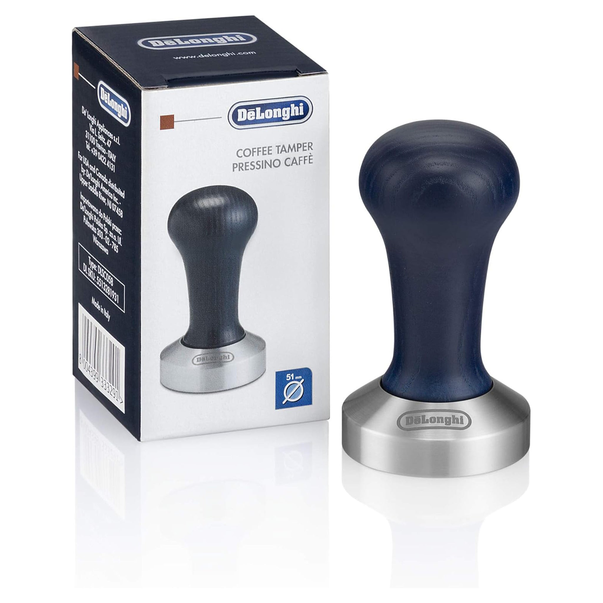 De'Longhi DLSC058 Kaffee-Tamper aus Edelstahl mit Holzgriff, blau/silber