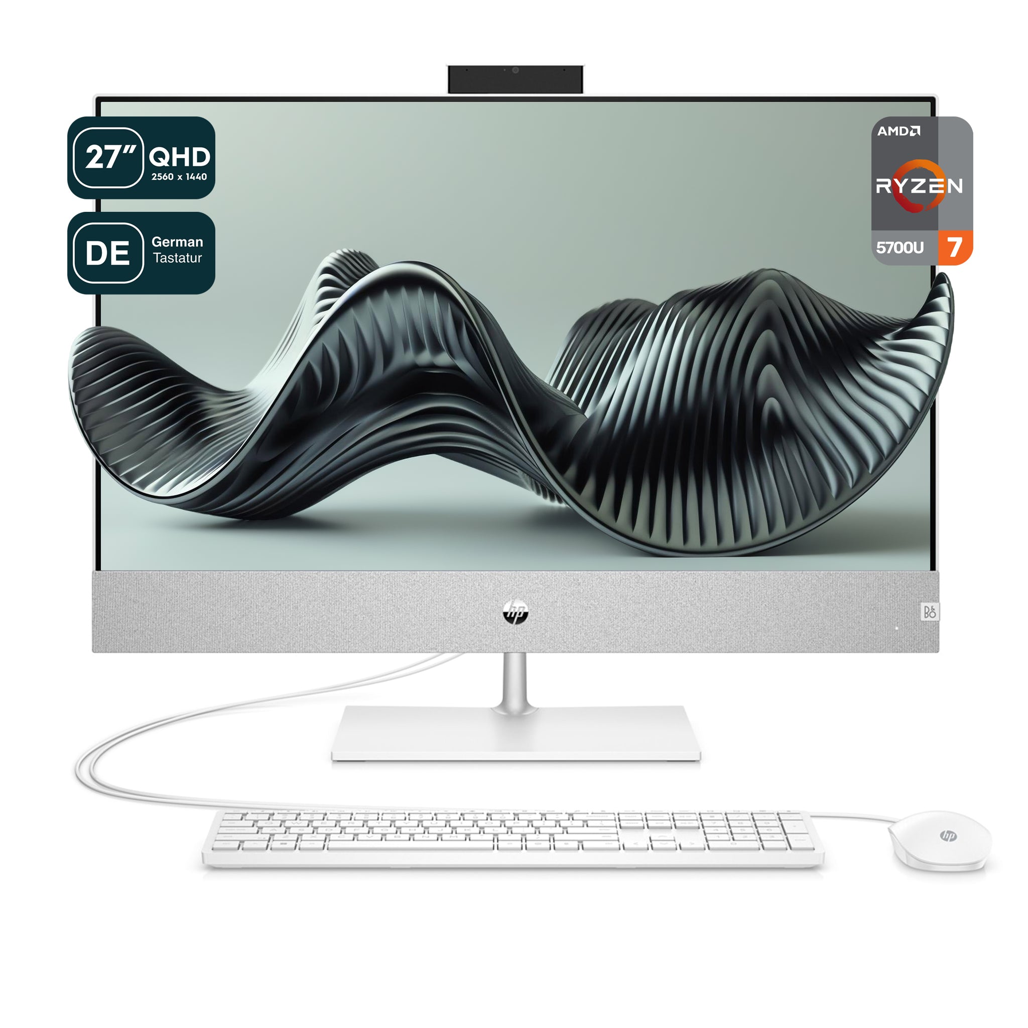 HP Pavilion All-in-One Desktop PC, Ryzen 7 5700U, 27" QHD IPS, W 11 Home, QWERTZ Tastatur + Maus