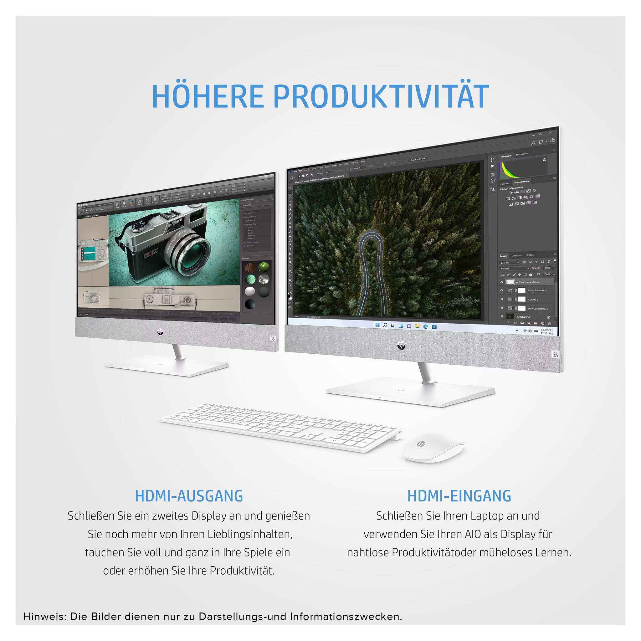 HP Pavilion All-in-One Desktop PC, Ryzen 5 5500U, 27" QHD QWERTZ, Tastatur, W11 Home