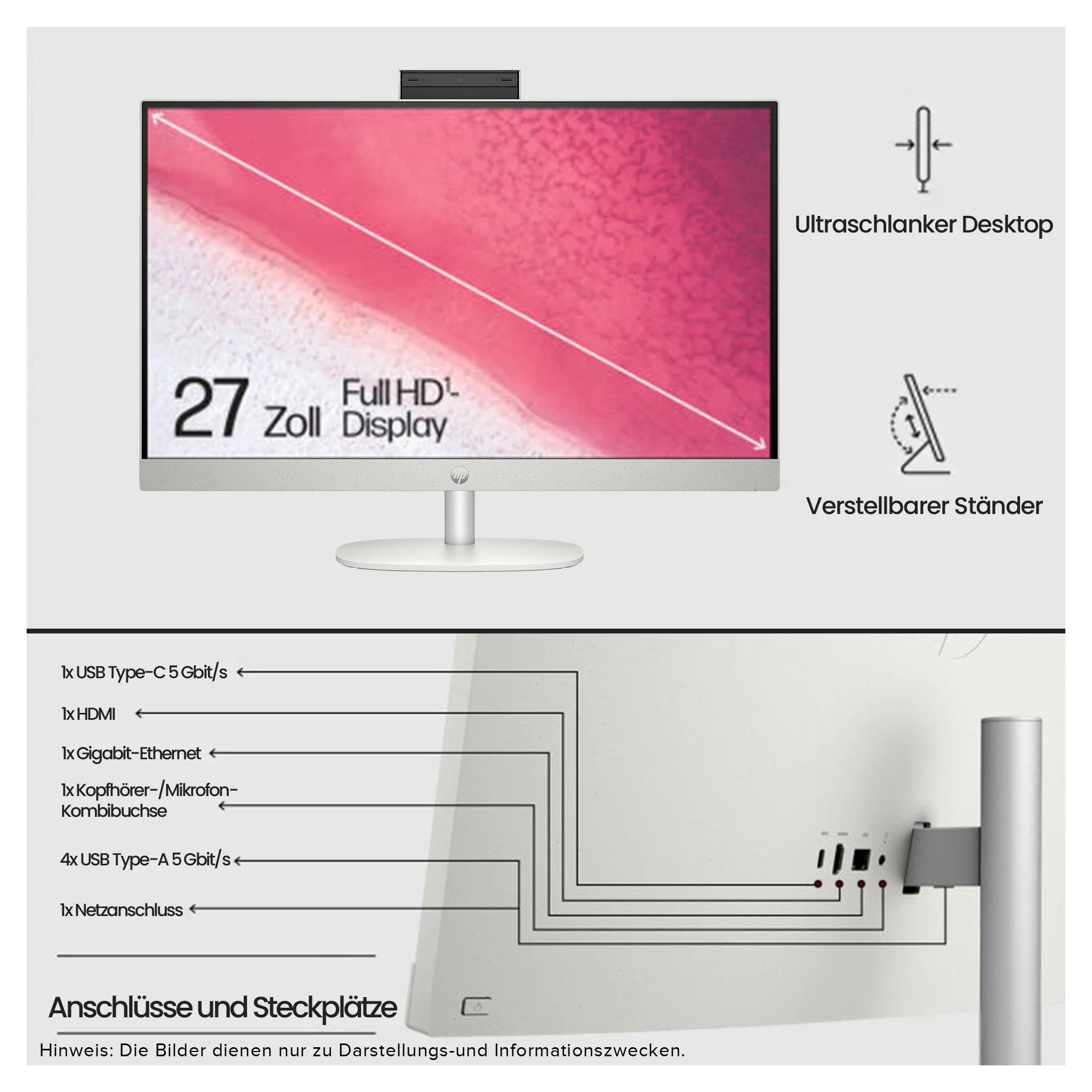 HP Pavilion All-in-One Desktop PC, AMD Ryzen 3 7320U,  27" FHD IPS QWERTZ Tastatur + Maus, FreeDOS,