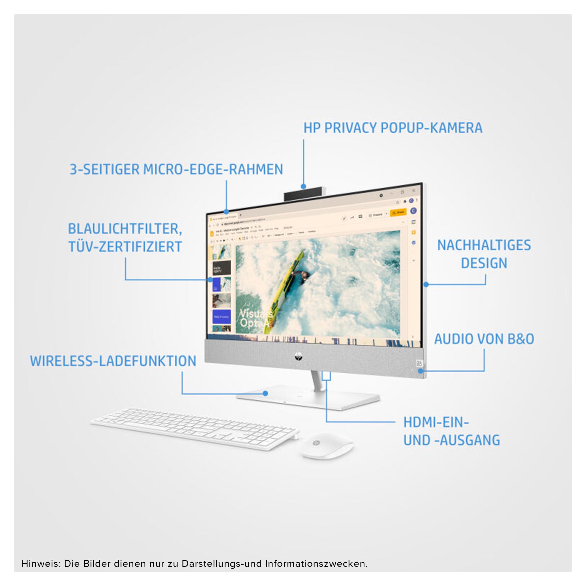 HP Pavilion All-in-One Desktop PC, Ryzen 7 5700U, 27" QHD IPS, W 11 Home, QWERTZ Tastatur + Maus