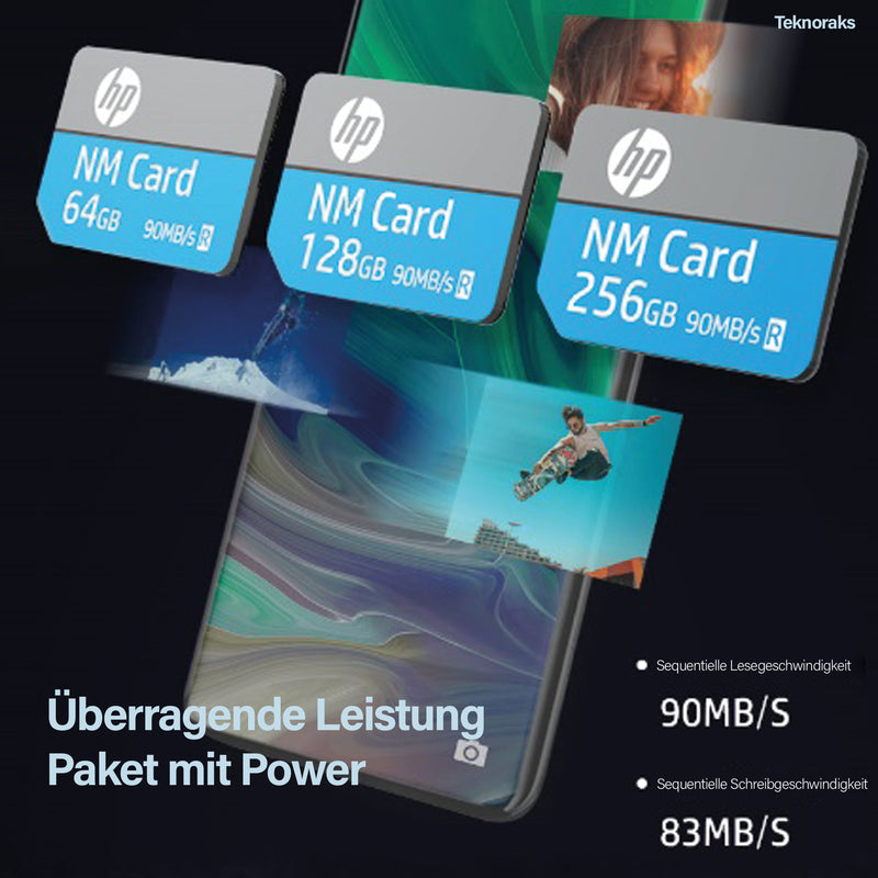 HP NM Card NM100 256GB, NM-Speicherkarte 256GB 90MB/S Nano-Speicherkarte Nano-Karte Nur für Huawei P30/P40/P50-Serie/Mate20-Serie/Mate30-Serie/Mate40-Serie/Nove 5-Serie Nano 64GB-Karte geeignet
