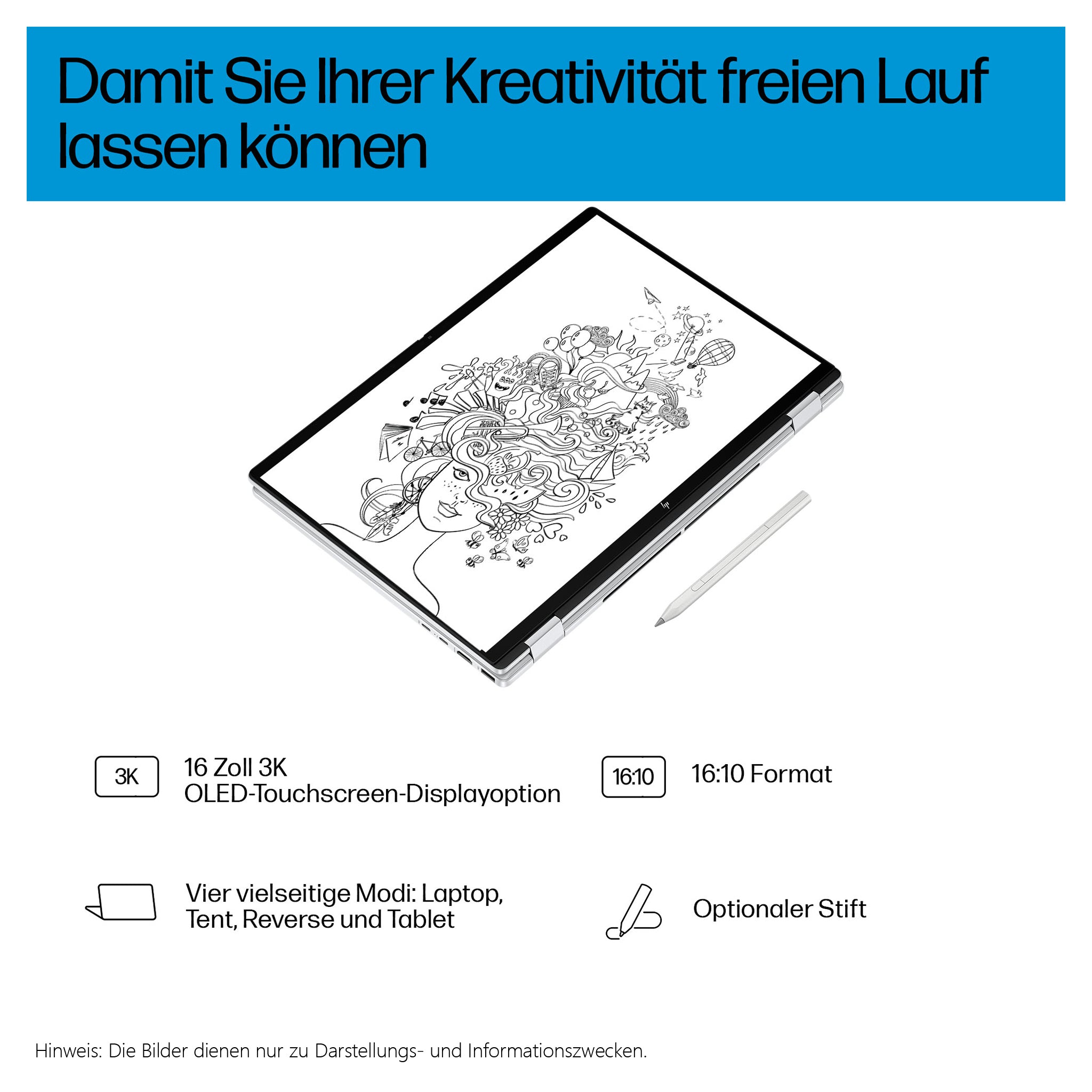 HP OmniBook X Flip Copilot+ Laptop, Ultra 7-258V, 16" 3K (2880x1800) Touchscreen, Deutsches Tastatur-Layout