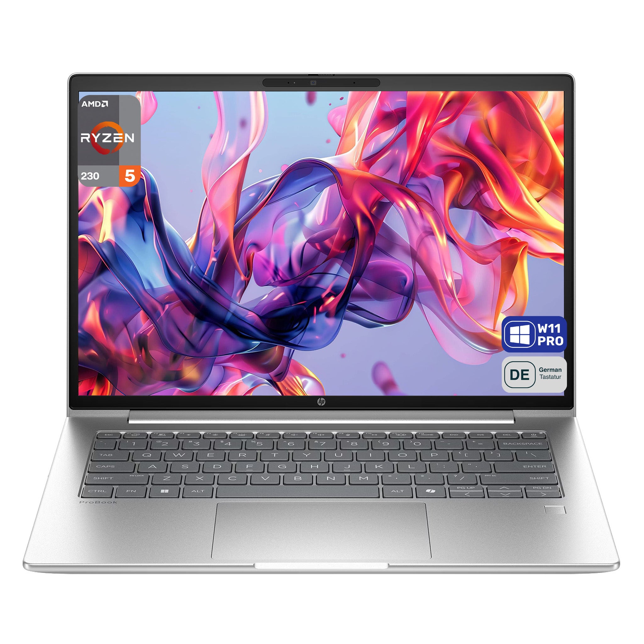 HP ProBook 4 G1a 14 Business Laptop, AMD Ryzen 5 230, 14" WUXGA IPS (1920x1200), 16 GB DDR5 RAM, 512 GB SSD, Radeon 760M, Fingerprint, Deutsches Tastaturlayout, FreeDOS, Silber