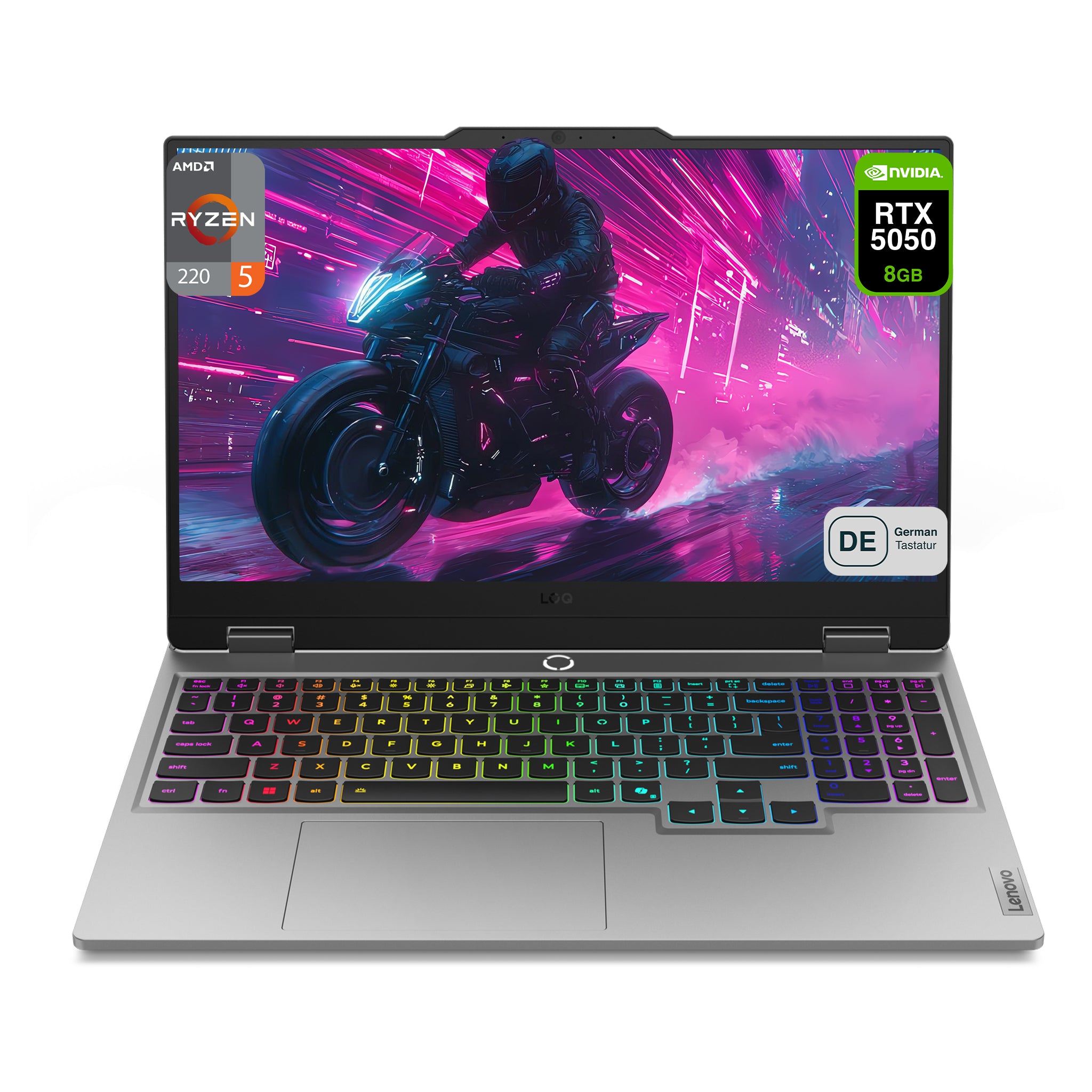 Lenovo LOQ 15AHP10 Gaming Laptop, Ryzen 5 220, 15.6" FHD (1920x1080) IPS Display, RTX 5050, Deutsches Tastatur-Layout, W11 Home, Luna Grey