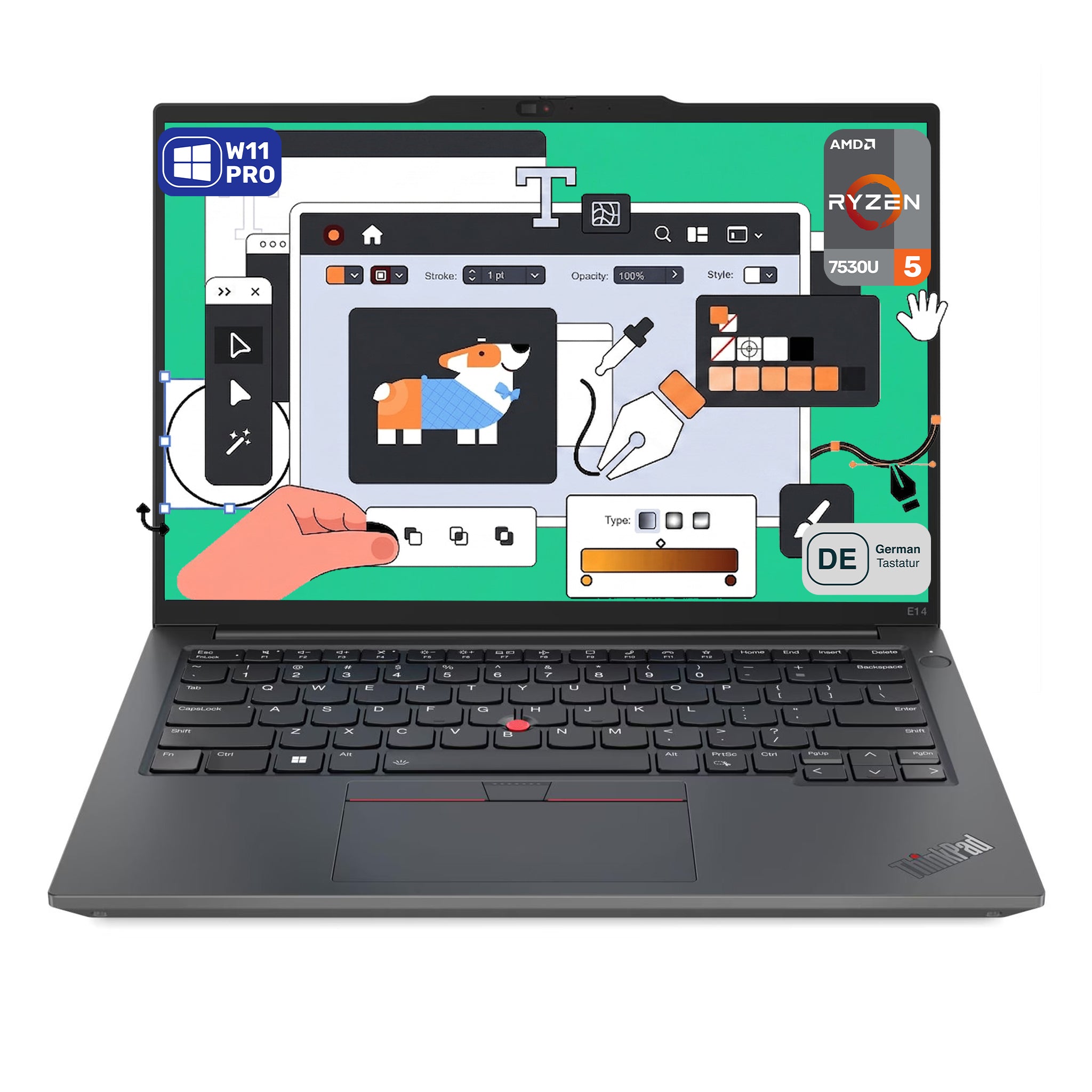 Lenovo ThinkPad E14 Gen 5 Business Laptop, Ryzen 5 7530U, 14" WUXGA (1920x1200) Display, Radeon Graphics, Deutsches Tastatur-Layout, W11 Pro, Schwarz