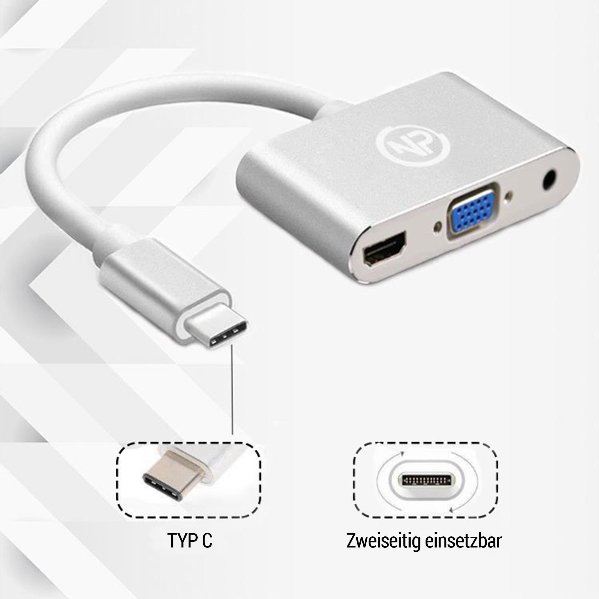 NPO TC203 Typ C zu HDMI, VGA und Audio Port Adapter 3 in 1 HDMI 4K und 1080P 3 Ausgang Kompatibel mit Windows und Mac