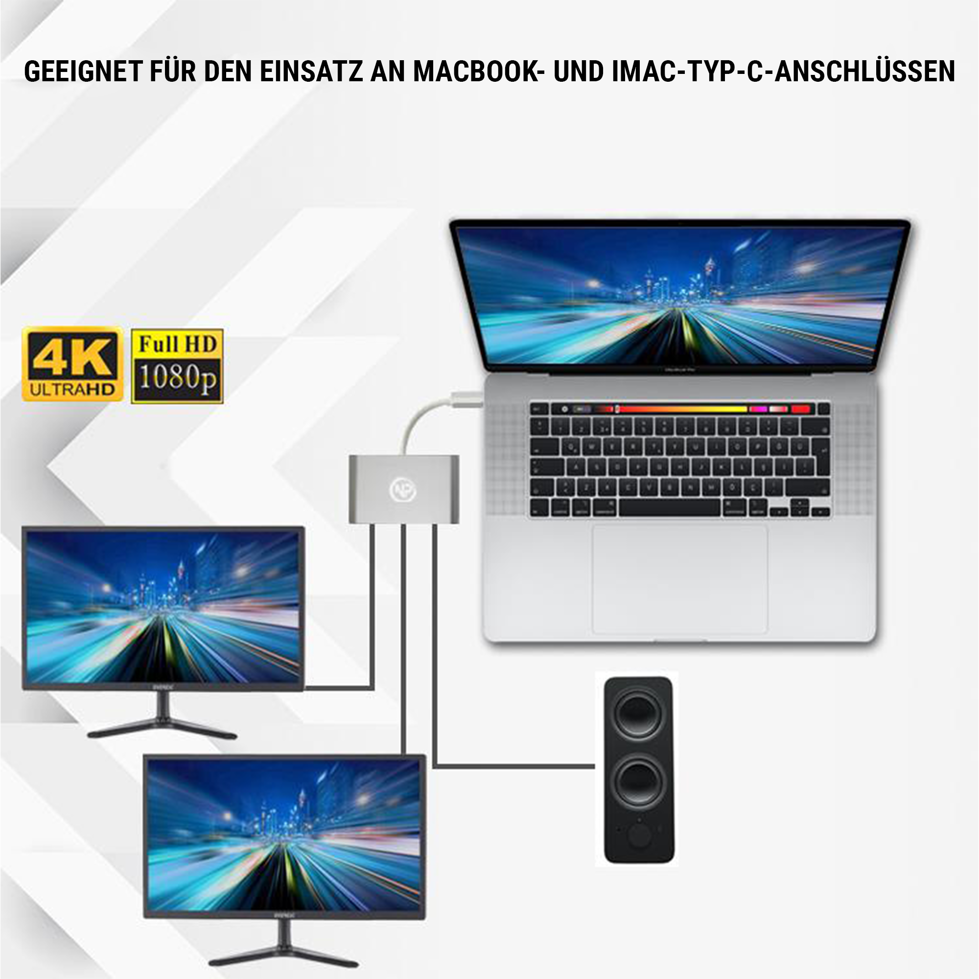NPO TC203 Typ C zu HDMI, VGA und Audio Port Adapter 3 in 1 HDMI 4K und 1080P 3 Ausgang Kompatibel mit Windows und Mac