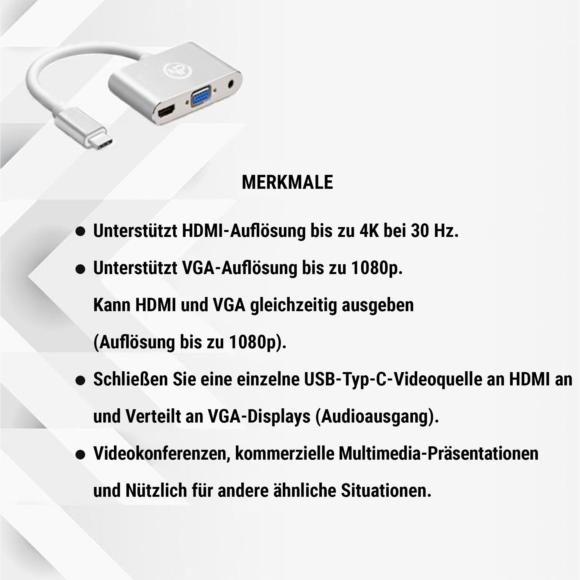 NPO TC203 Typ C zu HDMI, VGA und Audio Port Adapter 3 in 1 HDMI 4K und 1080P 3 Ausgang Kompatibel mit Windows und Mac