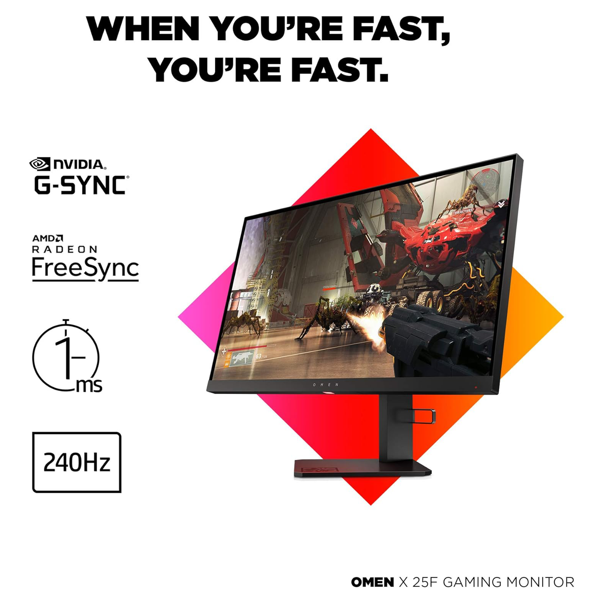 HP OMEN X 27 Gaming Monitor - 27 Zoll Bildschirm, QHD Display, HDR, 240Hz, AMD FreeSync, HDMI, DisplayPort, 2xUSB, 1ms Reaktionszeit, höhenverstellbar, schwarz